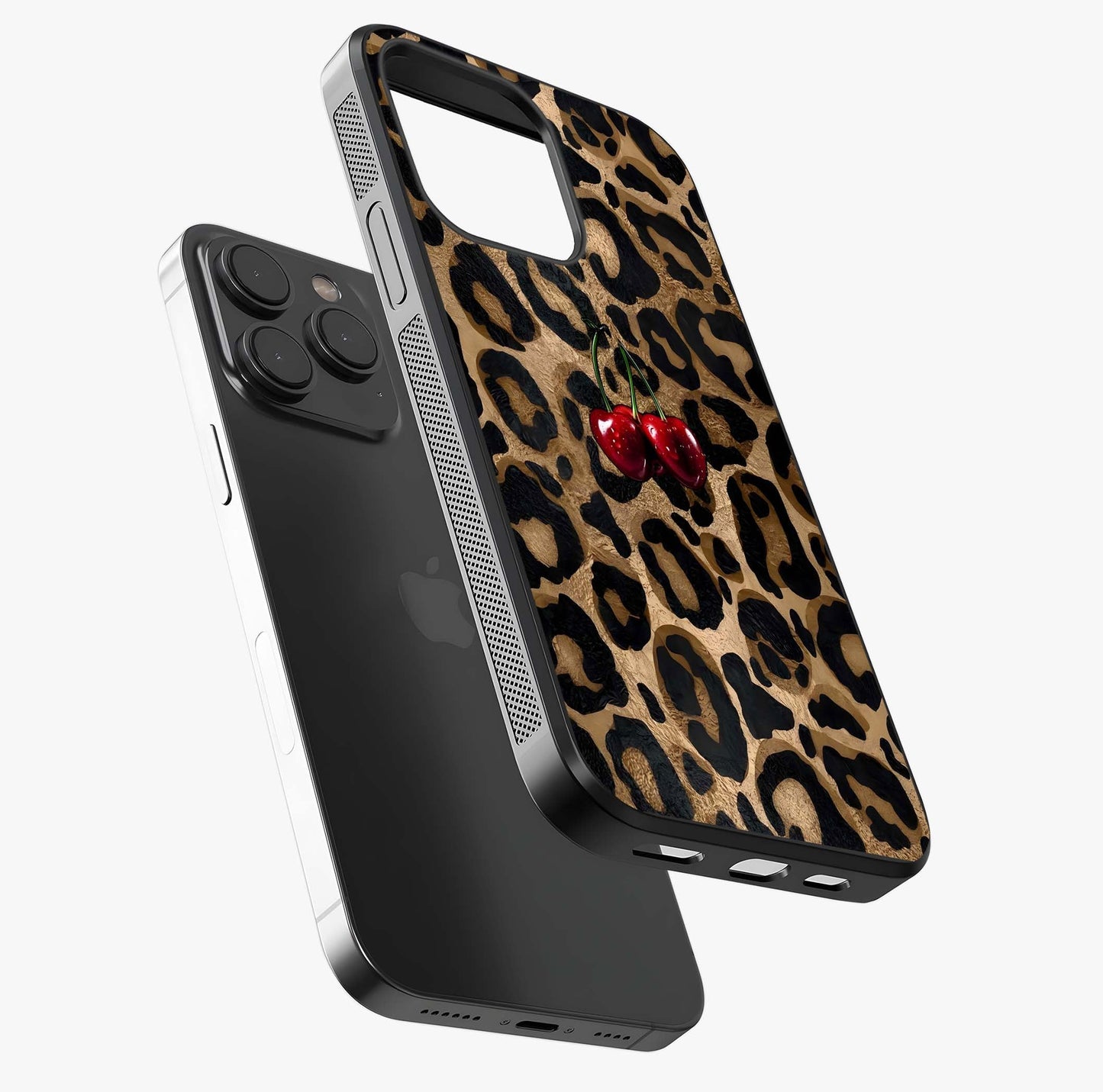 Leopard Wild Cherry Glass Case photographed in natural light showing reflective finish and design depth.