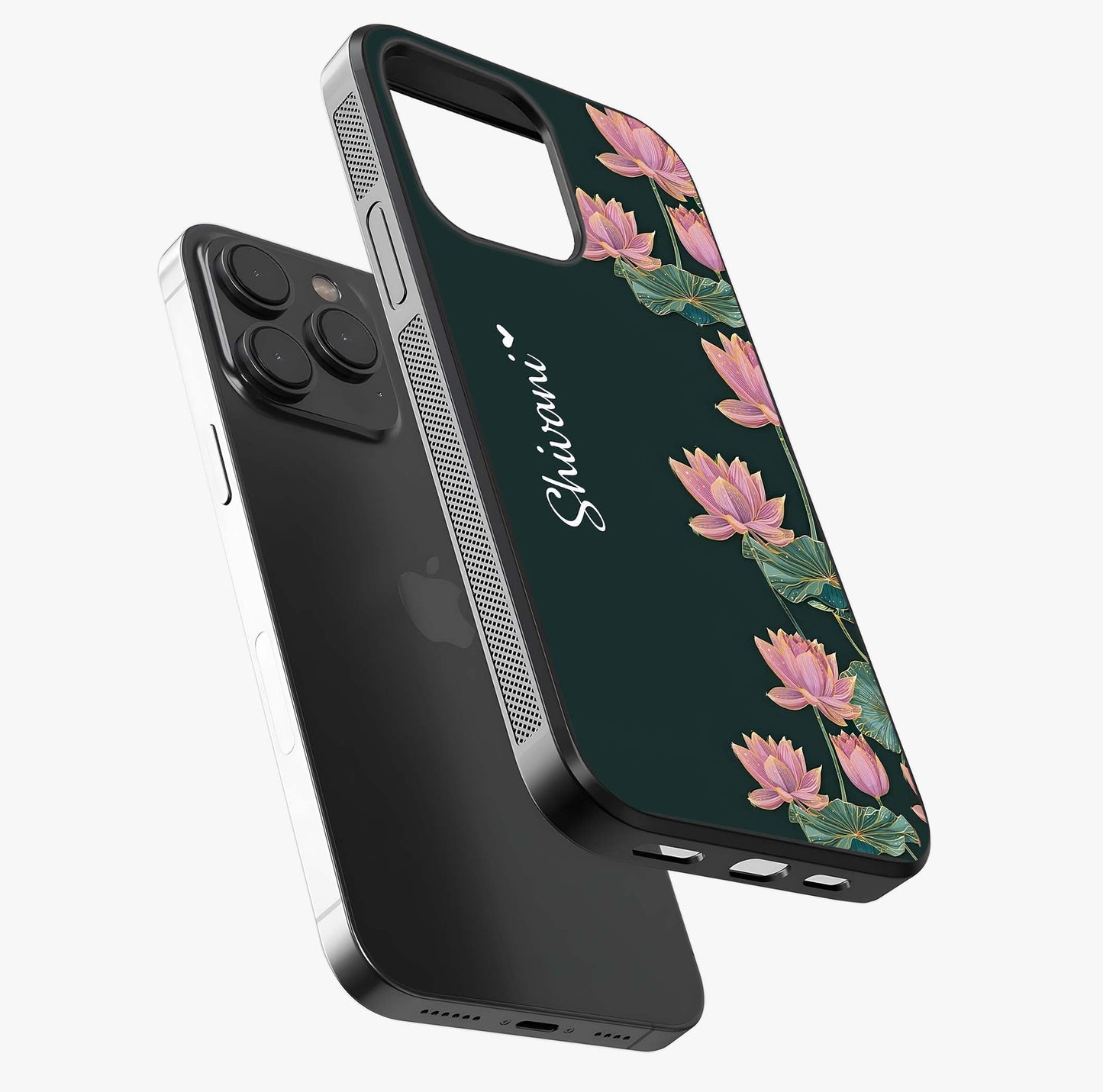 Lotus Bloom Serenity Custom Name Glass Case photographed in natural light showing reflective finish and design depth.