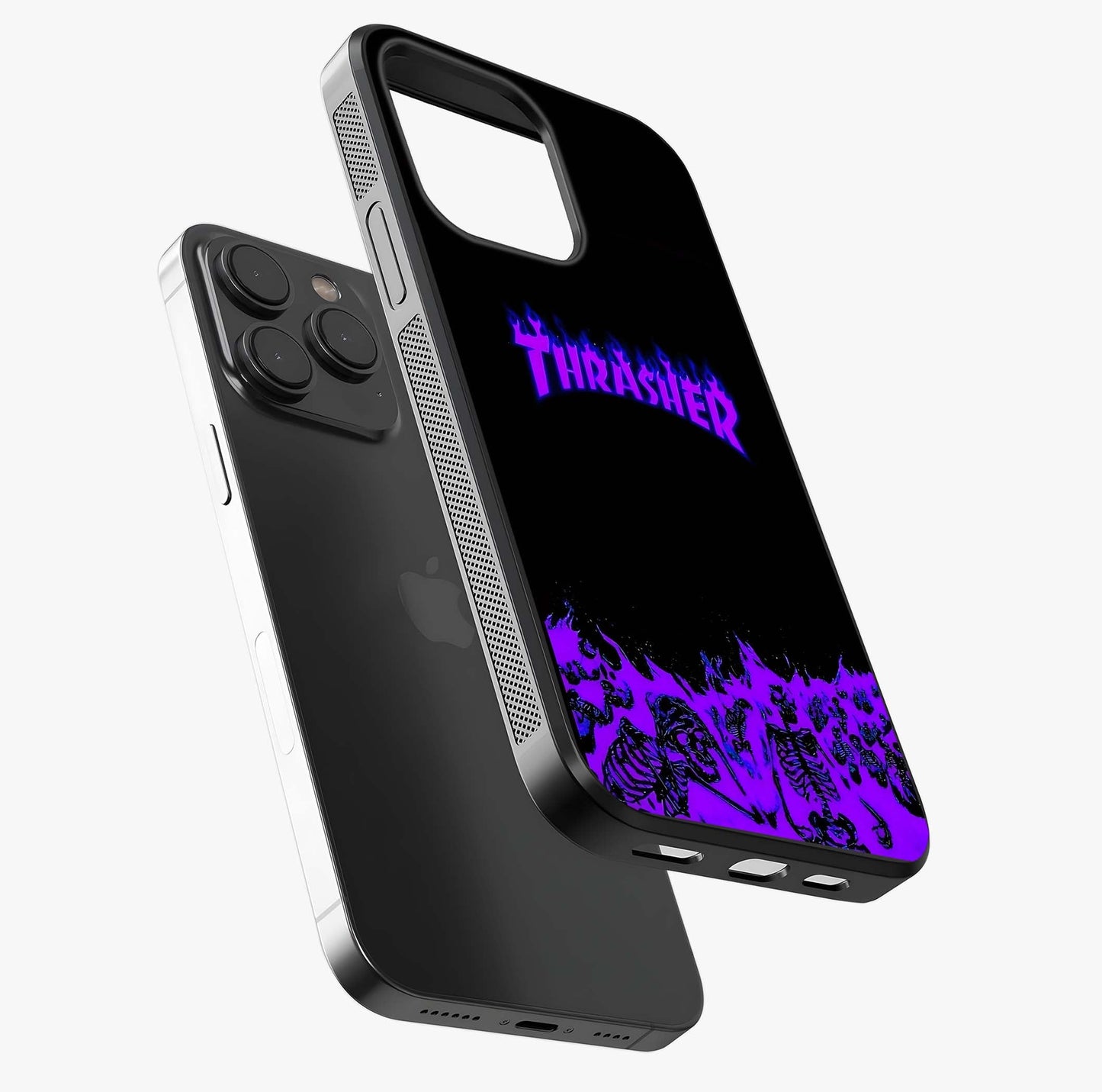 Neon Flame Riot Glass Case photographed in natural light showing reflective finish and design depth.