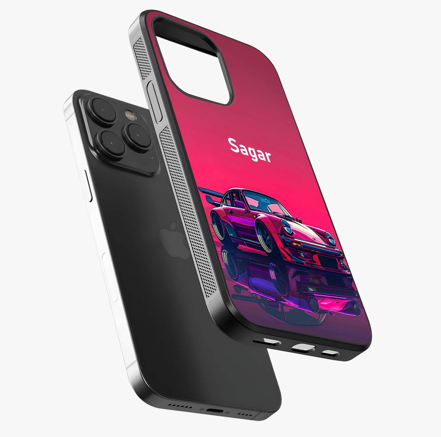 Neon Pink Porsche Glass Case photographed in natural light showing reflective finish and design depth.