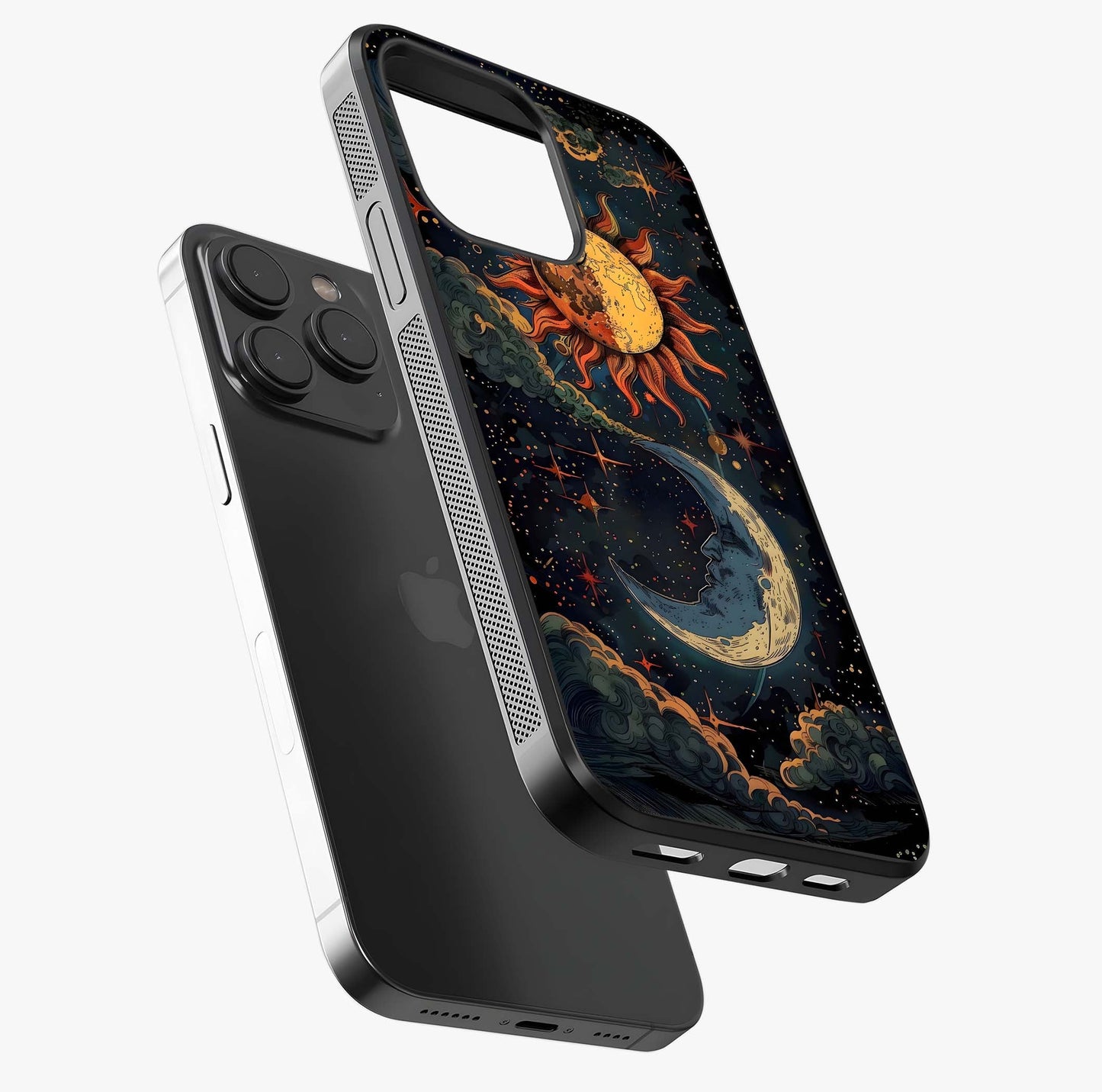 Sun And Moon Magic Design Glass Case photographed in natural light showing reflective finish and design depth.