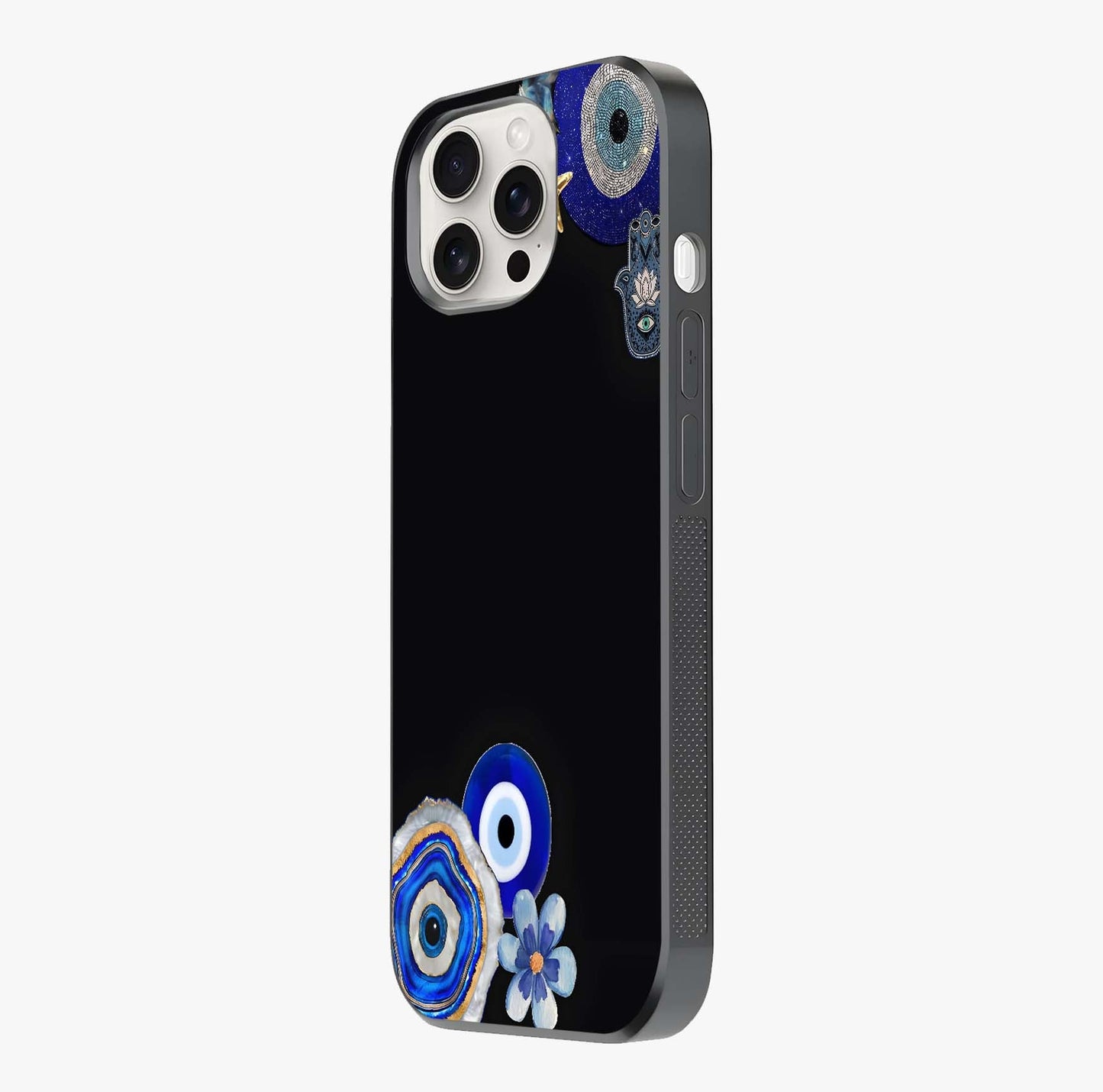 Aesthetic Blue Evil Eye Glass Case photographed in natural light showing reflective finish and design depth.