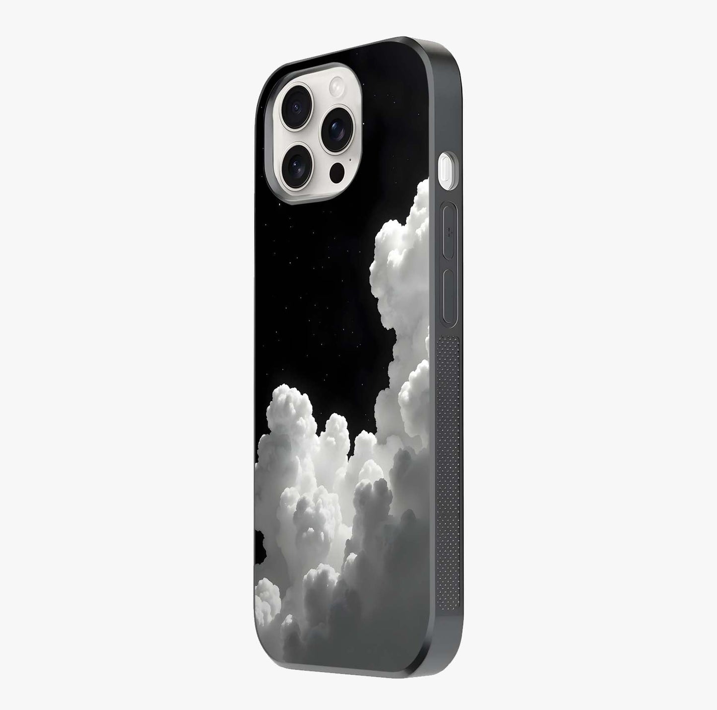 Black Background With White Cloud Glass Case photographed in natural light showing reflective finish and design depth.