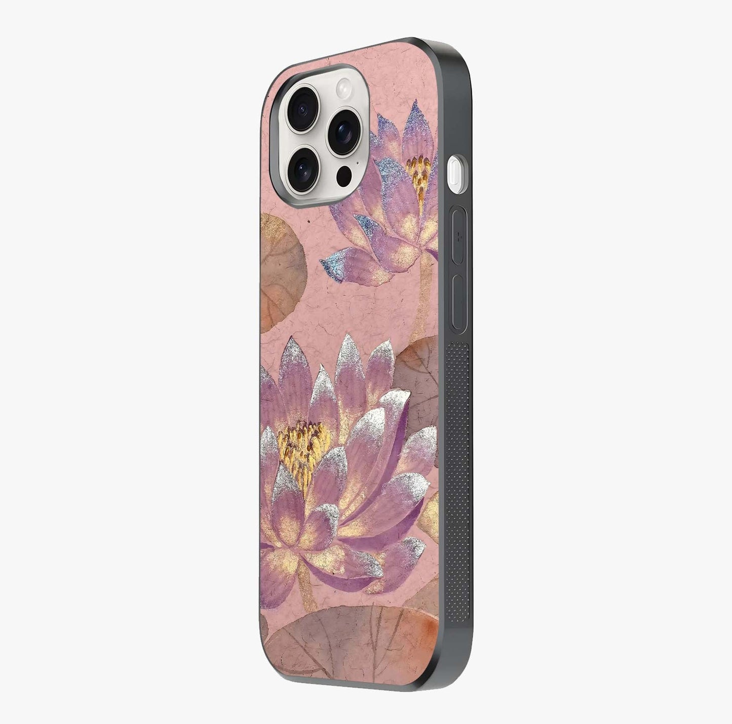 Blossom Mist Lotus Glass Case photographed in natural light showing reflective finish and design depth.