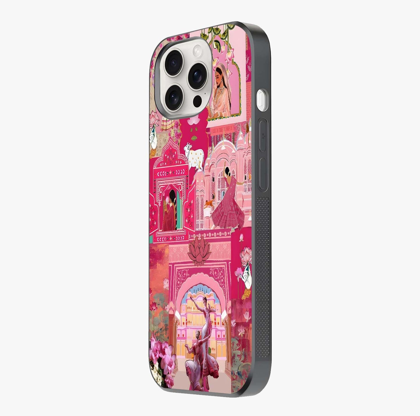 Blossoms Of Rajasthan Glass Case photographed in natural light showing reflective finish and design depth.
