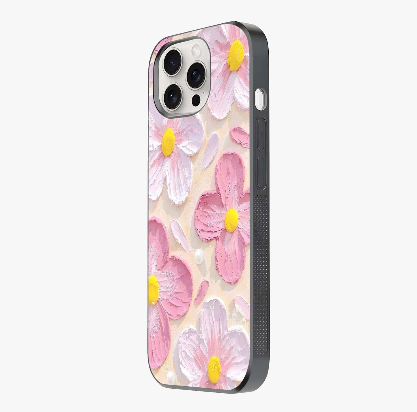 Blush Bloom Texture Glass Case photographed in natural light showing reflective finish and design depth.