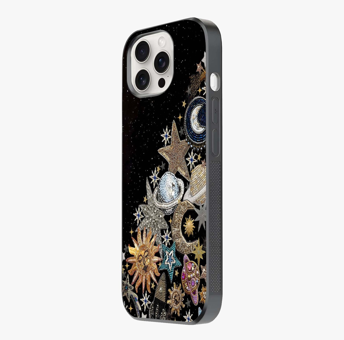 Cosmic Sparkle Dreams Glass Case photographed in natural light showing reflective finish and design depth.