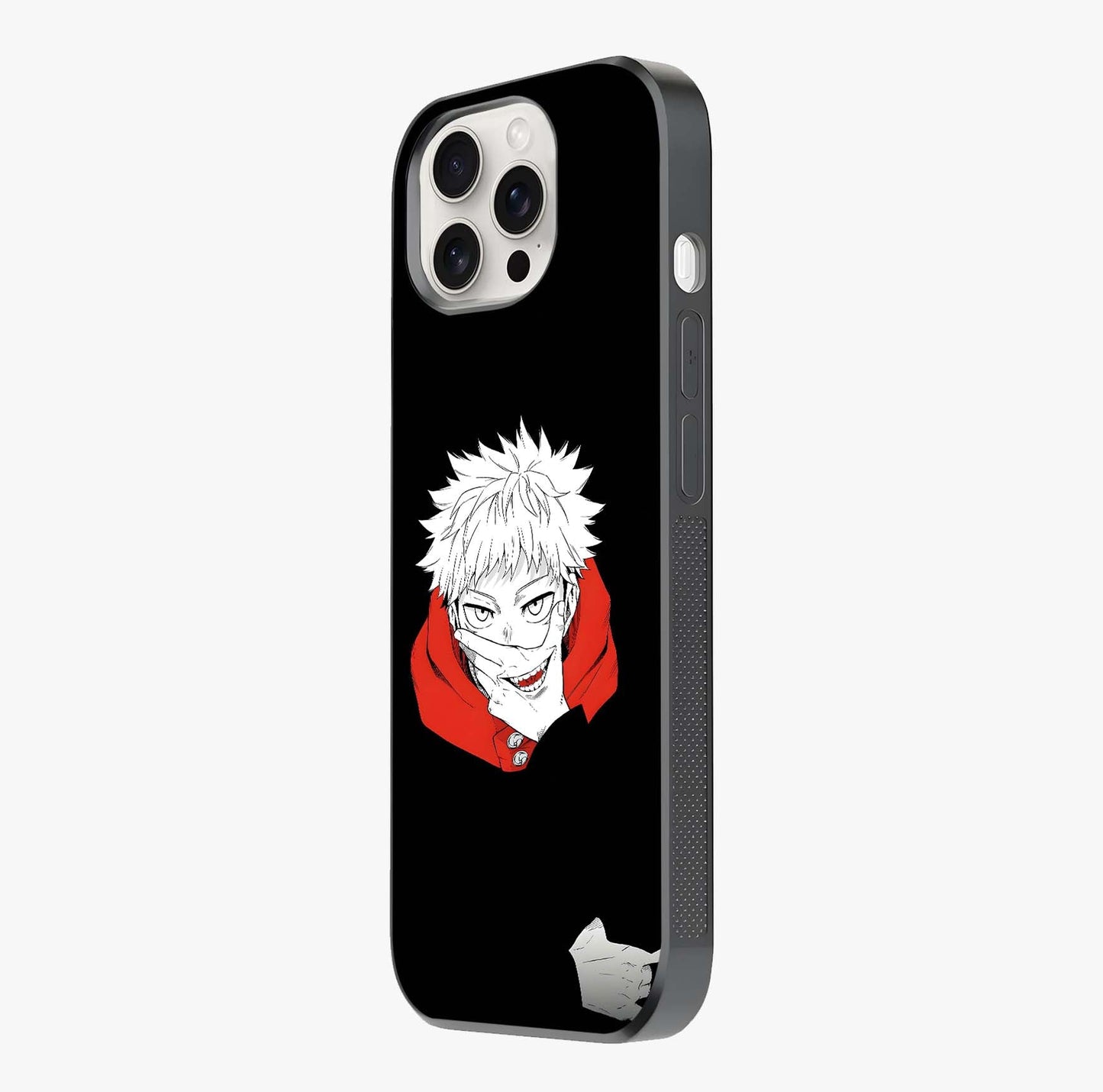 Crimson Chaos Smile Glass Case photographed in natural light showing reflective finish and design depth.