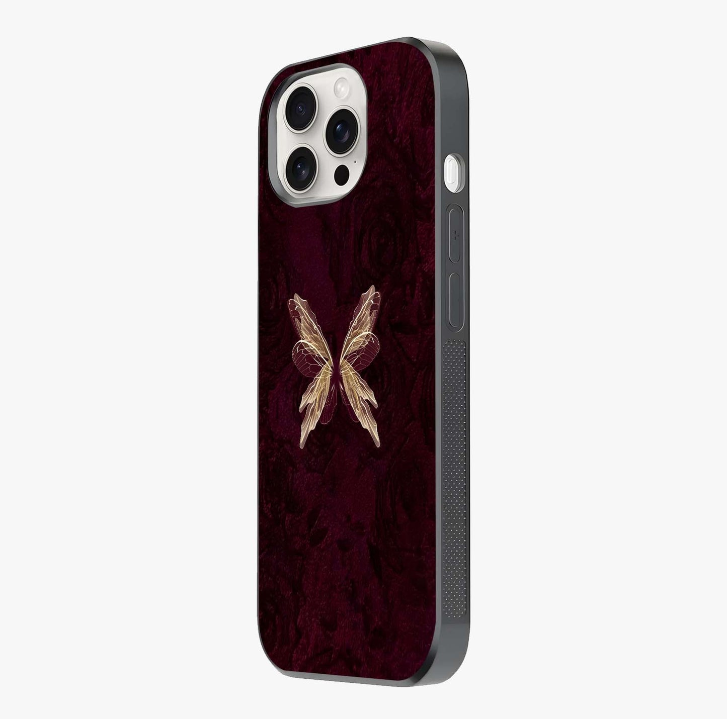 Crimson Fade Butterfly Glass Case photographed in natural light showing reflective finish and design depth.