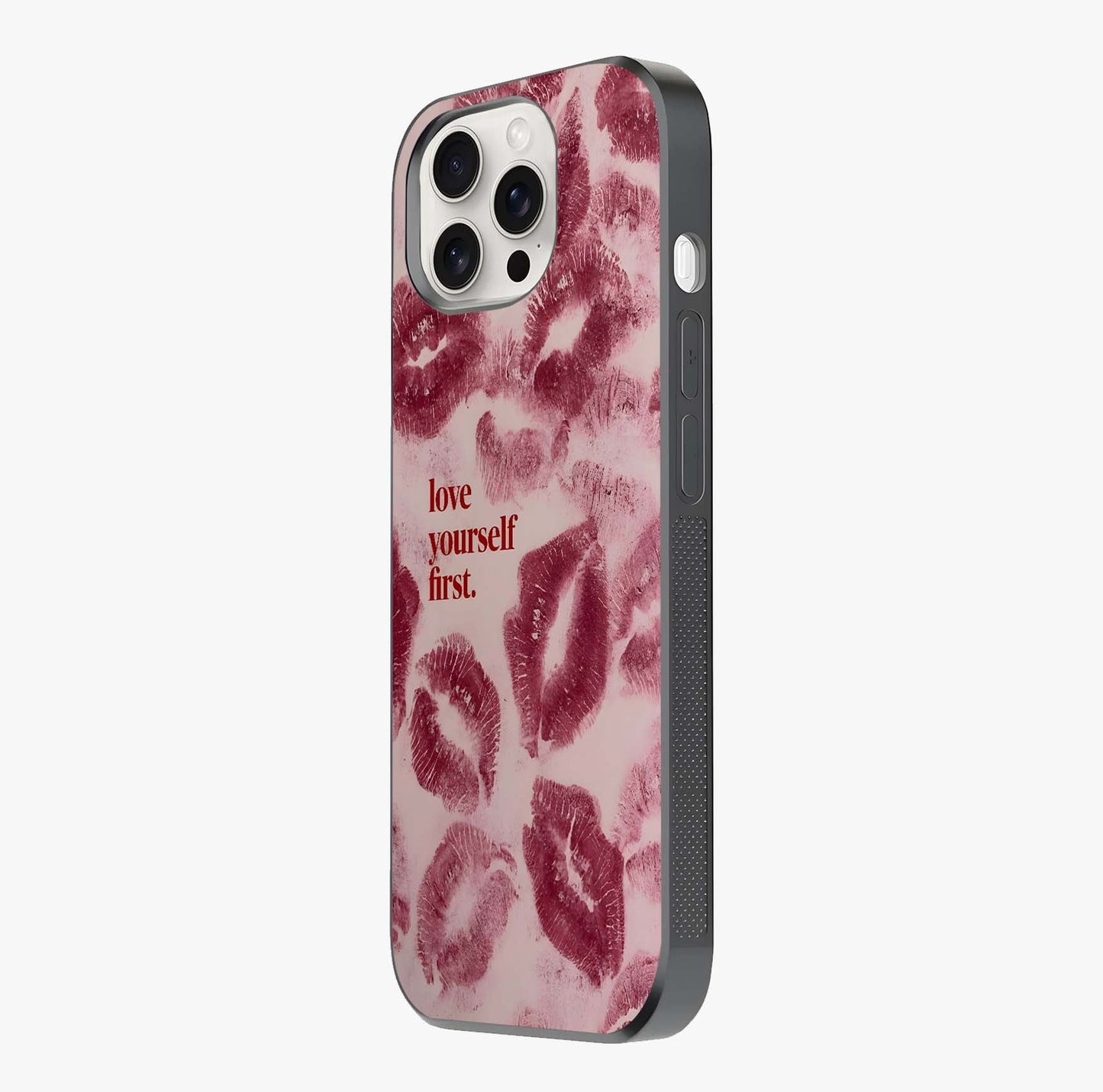 Crimson Kiss Love Glass Case photographed in natural light showing reflective finish and design depth.