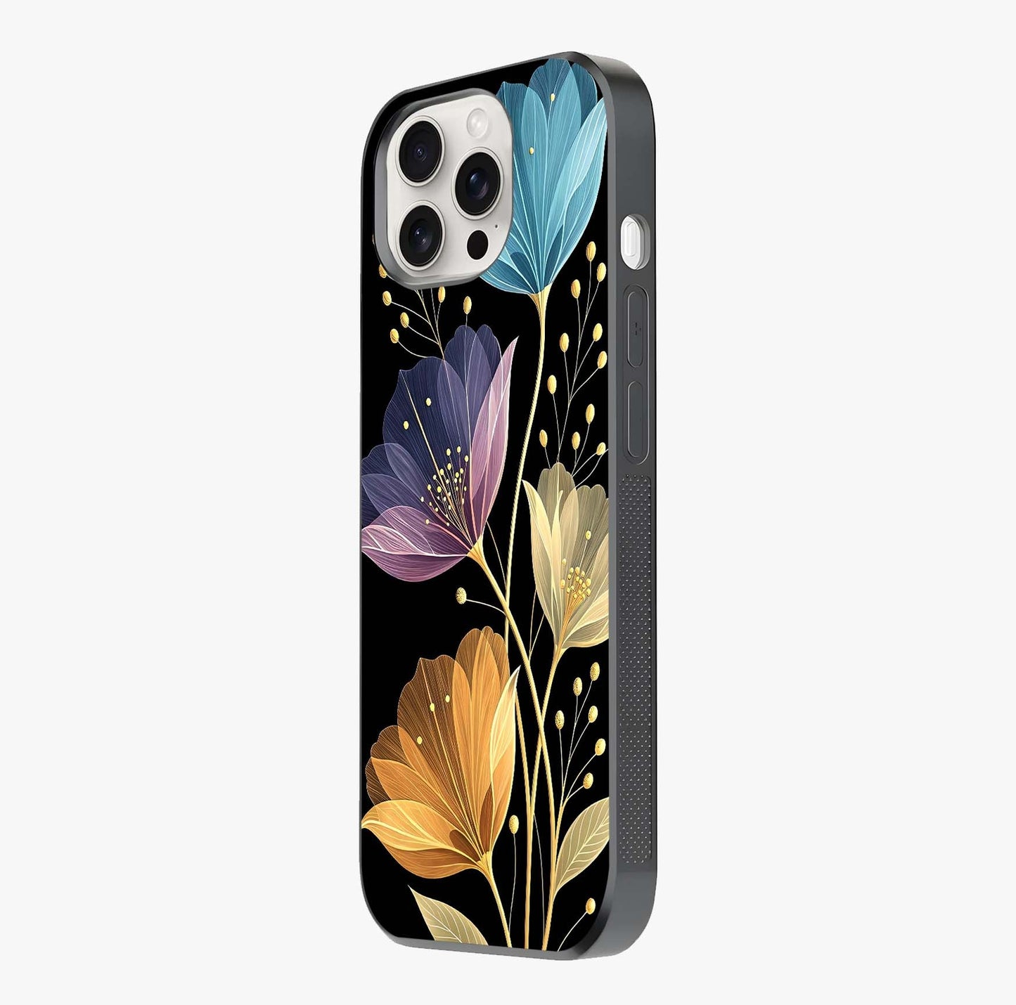 Delicate Multicolor Flowers Glass Case photographed in natural light showing reflective finish and design depth.