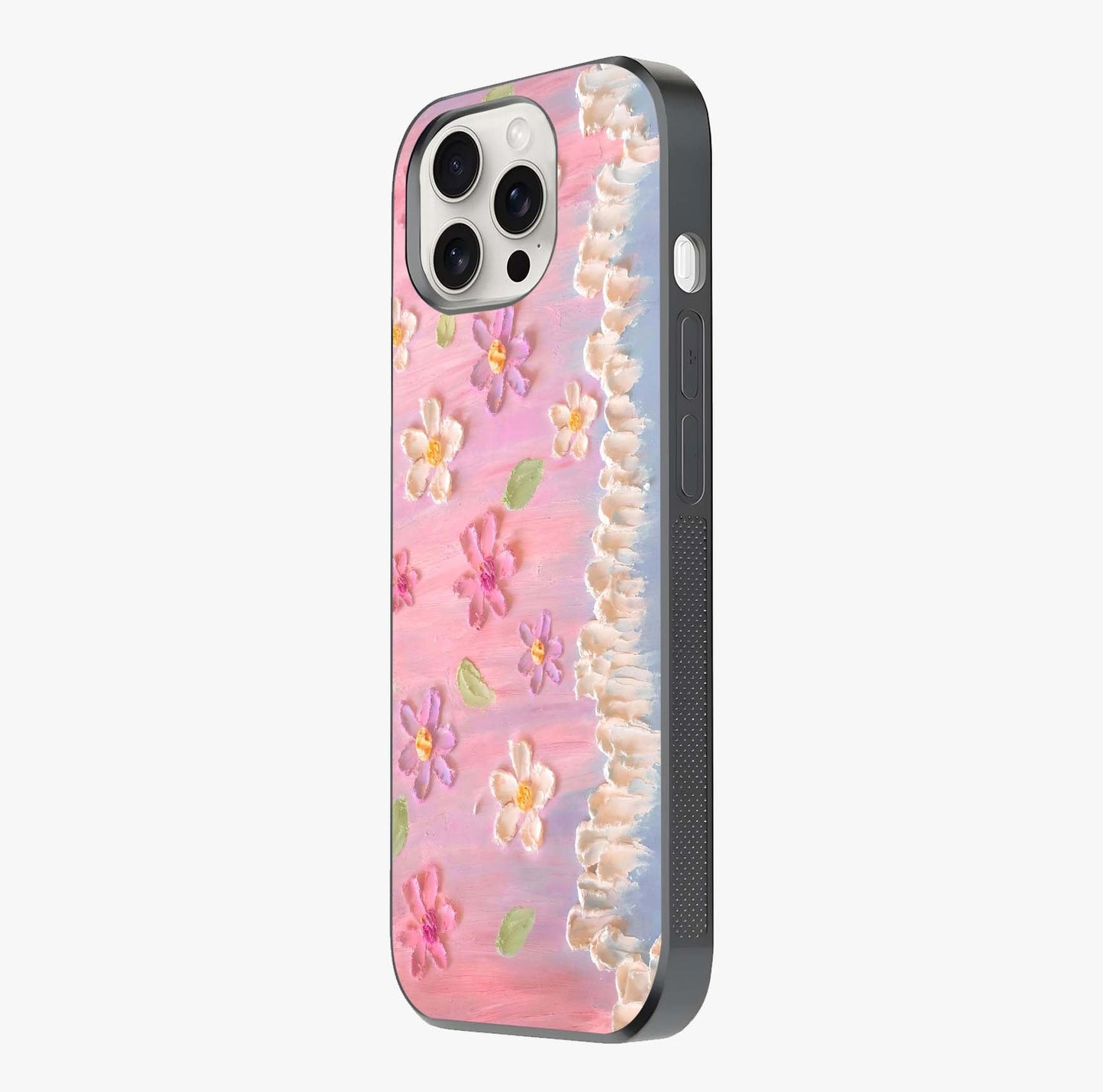 Dreamy Painted Garden Glass Case photographed in natural light showing reflective finish and design depth.