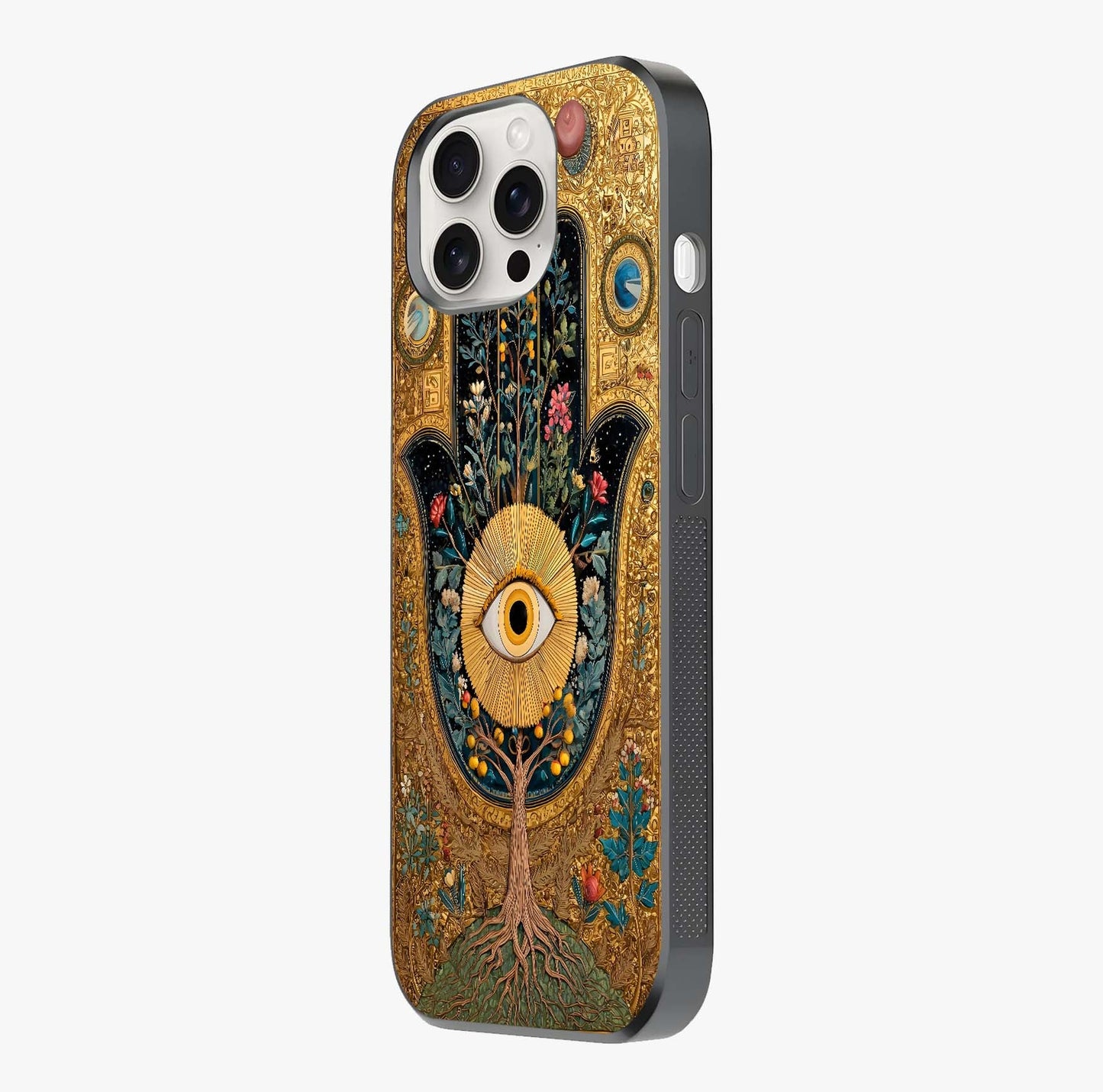 Ethereal Evil Eye Glass Case photographed in natural light showing reflective finish and design depth.