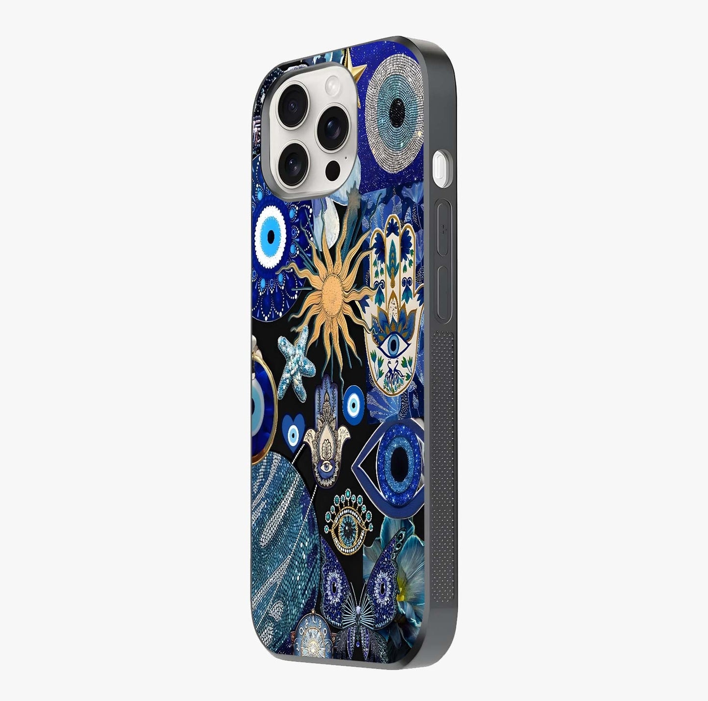 Evil Eye Charm Mix Glass Case photographed in natural light showing reflective finish and design depth.