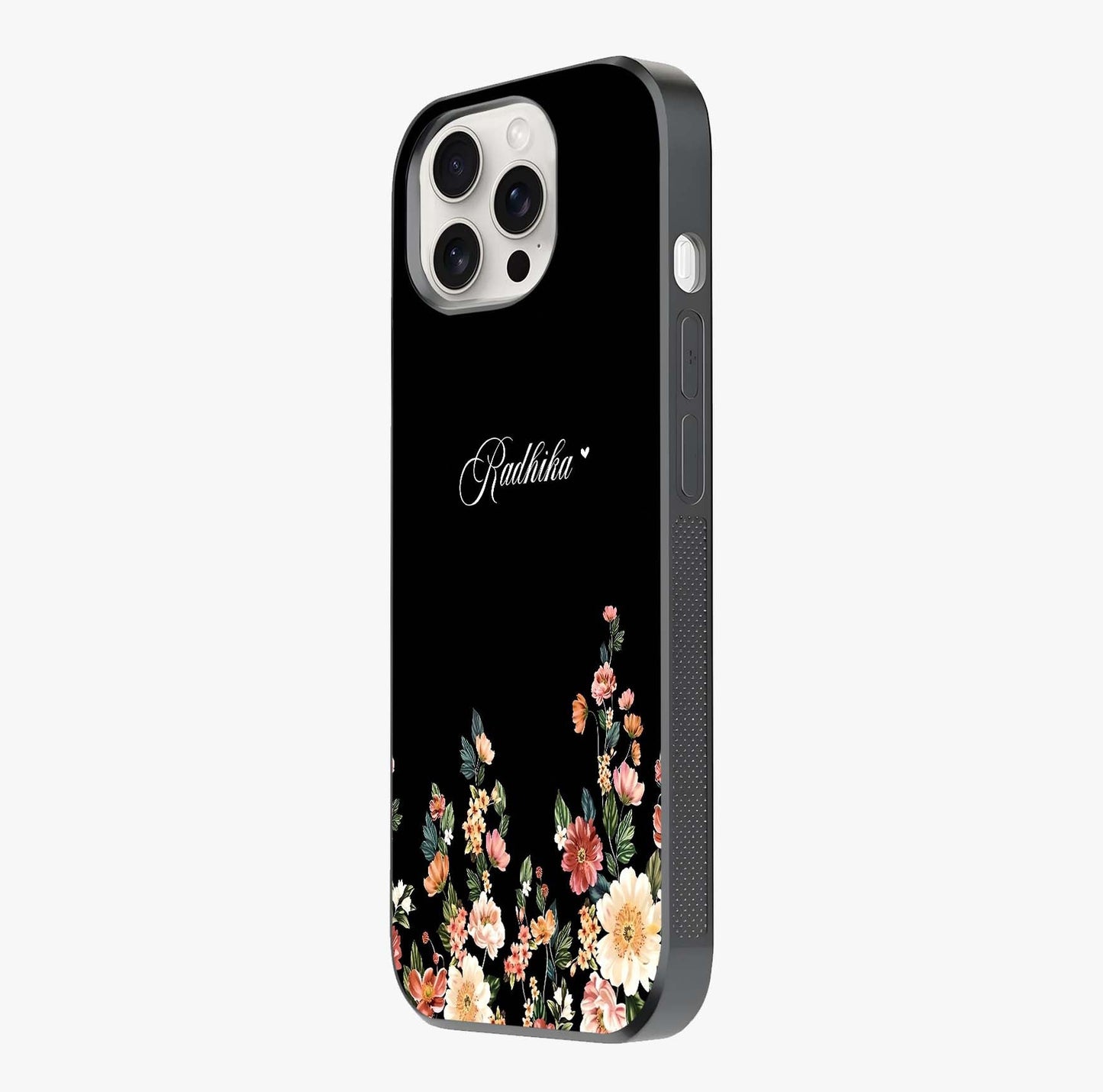 Floral Design With A Custom Personalized Name Glass Case photographed in natural light showing reflective finish and design depth.