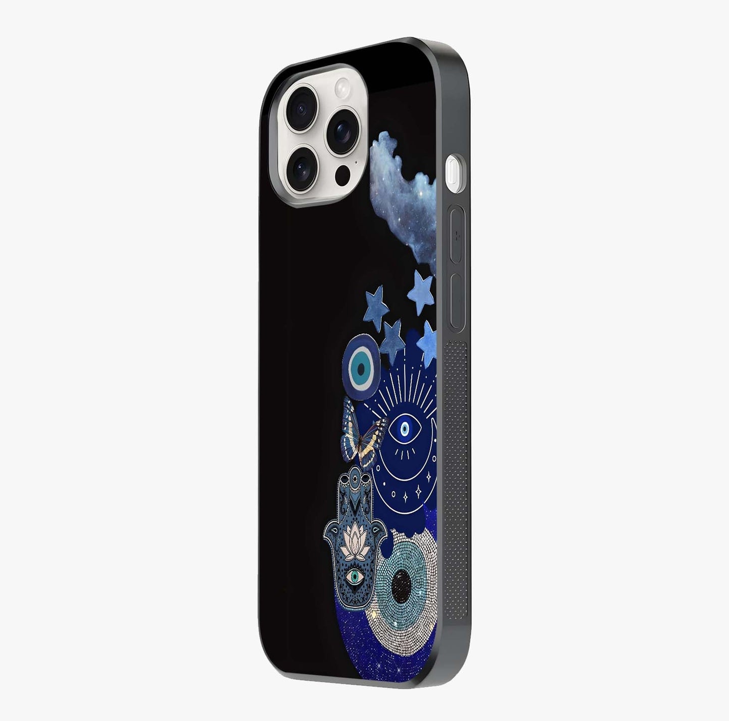 Galactic Charm Cluster Glass Case photographed in natural light showing reflective finish and design depth.