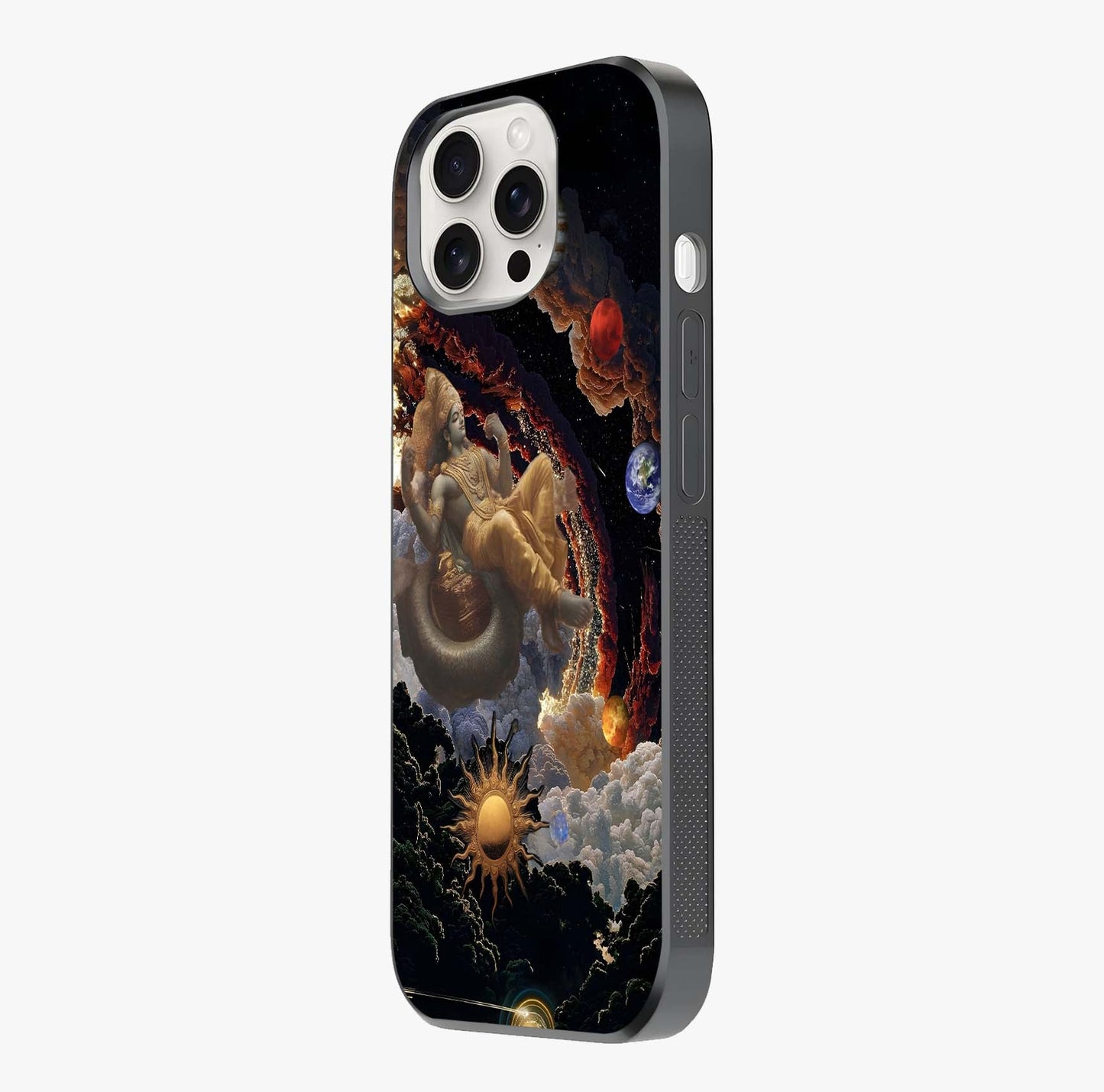 Galactic Divine God Glass Case photographed in natural light showing reflective finish and design depth.