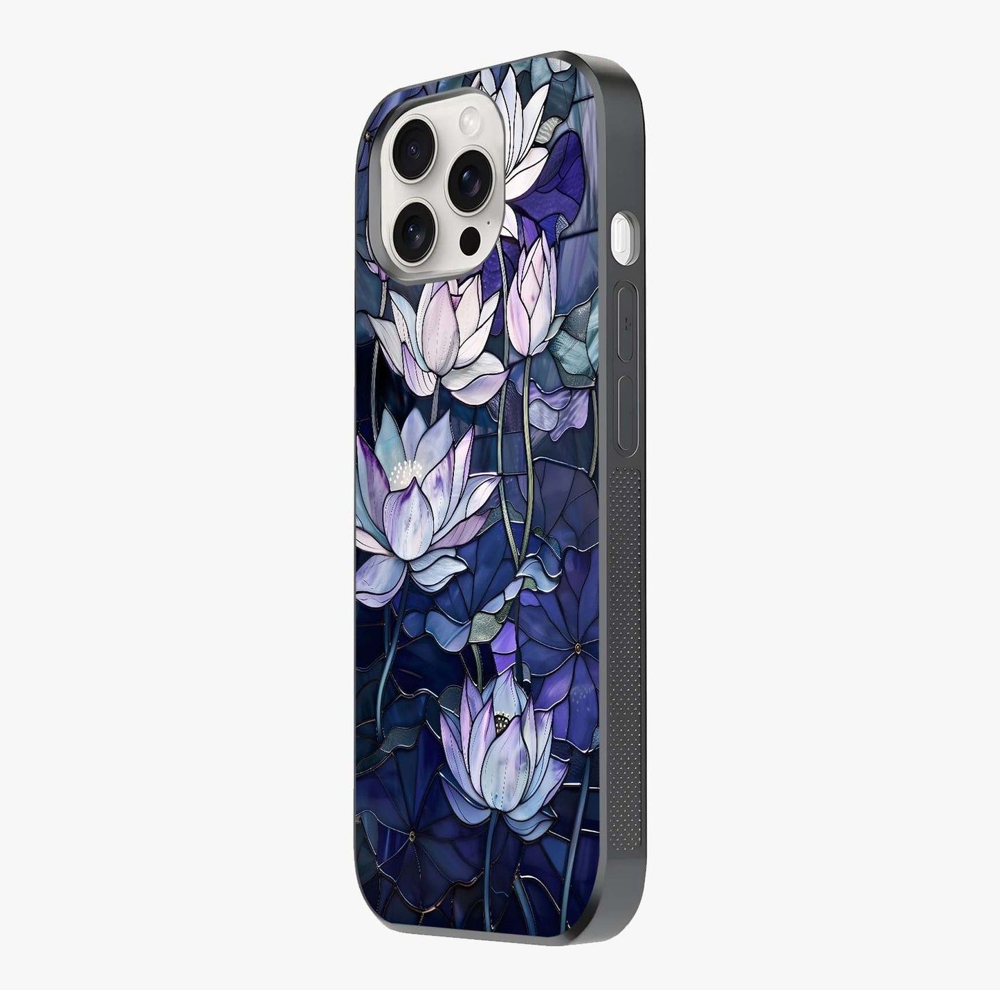 Gloss Petal Rush Glass Case photographed in natural light showing reflective finish and design depth.