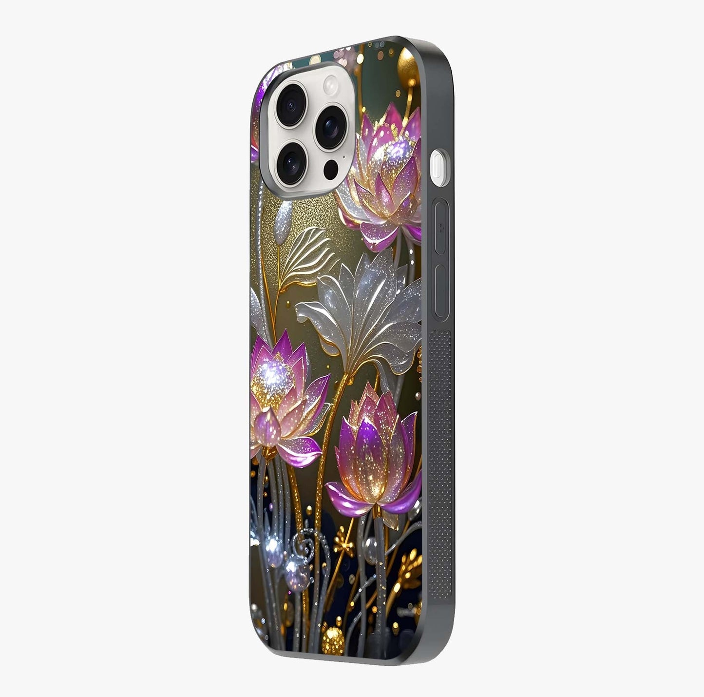 Golden Lotus Glow Glass Case photographed in natural light showing reflective finish and design depth.