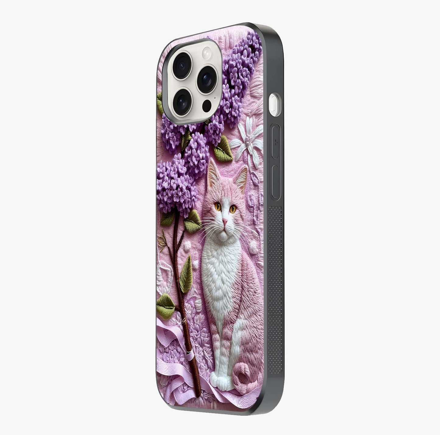 Lavender Cat Whimsy Glass Case photographed in natural light showing reflective finish and design depth.