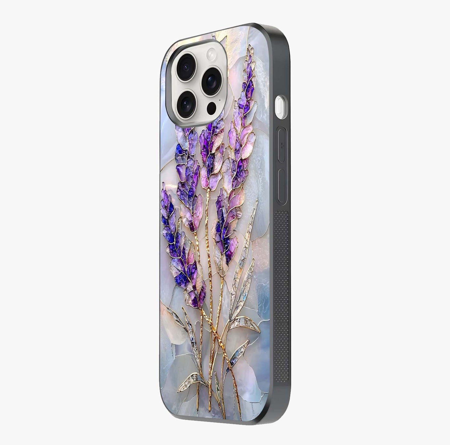 Lavender Dream Glow Glass Case photographed in natural light showing reflective finish and design depth.