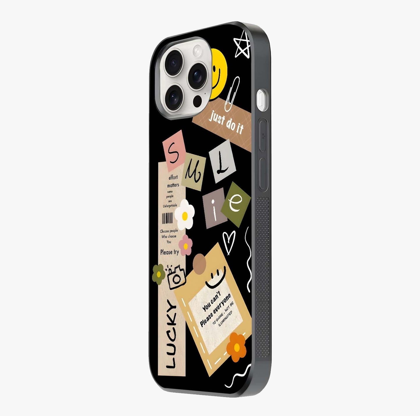 Lucky Aesthetic Collage Glass Case photographed in natural light showing reflective finish and design depth.
