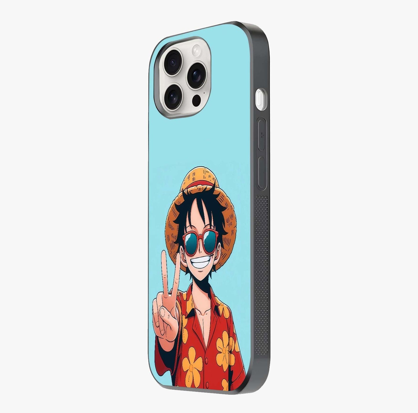 Luffy Summer Anime Vibe Glass Case photographed in natural light showing reflective finish and design depth.