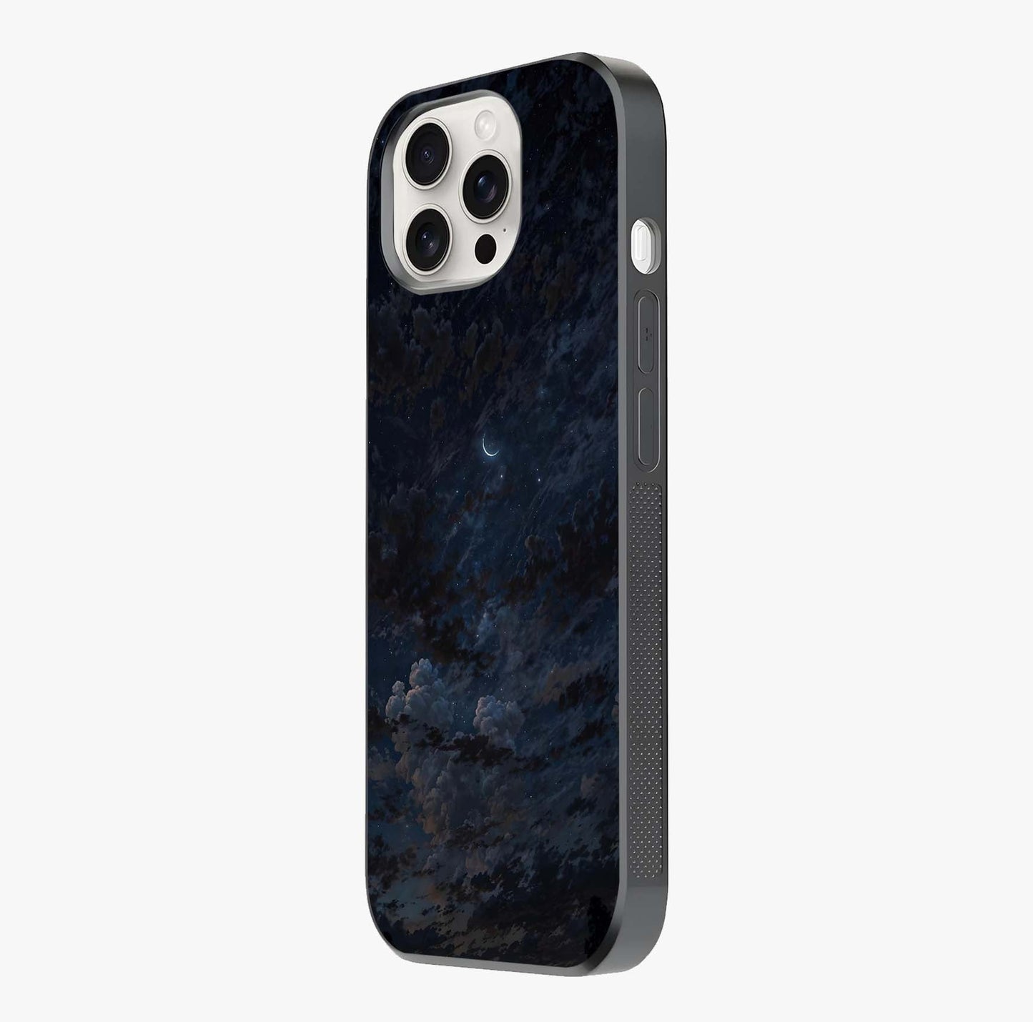 Lunar Veil Silence Glass Case photographed in natural light showing reflective finish and design depth.
