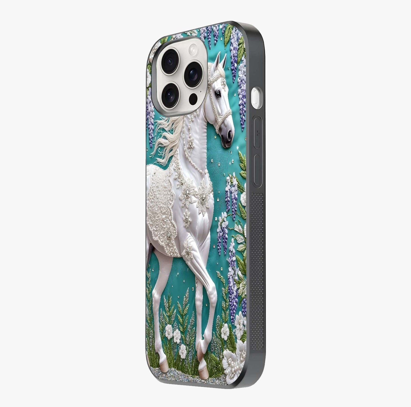 Majestic Floral Stallion Glass Case photographed in natural light showing reflective finish and design depth.