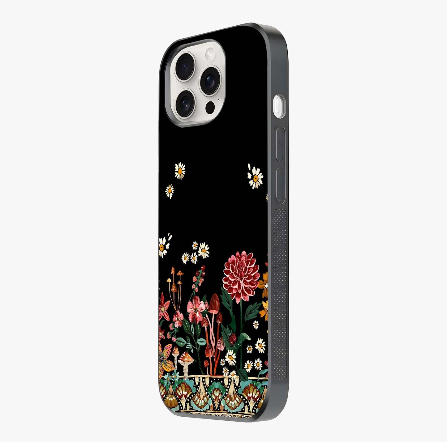 Midnight Bloom Pattern Glass Case photographed in natural light showing reflective finish and design depth.