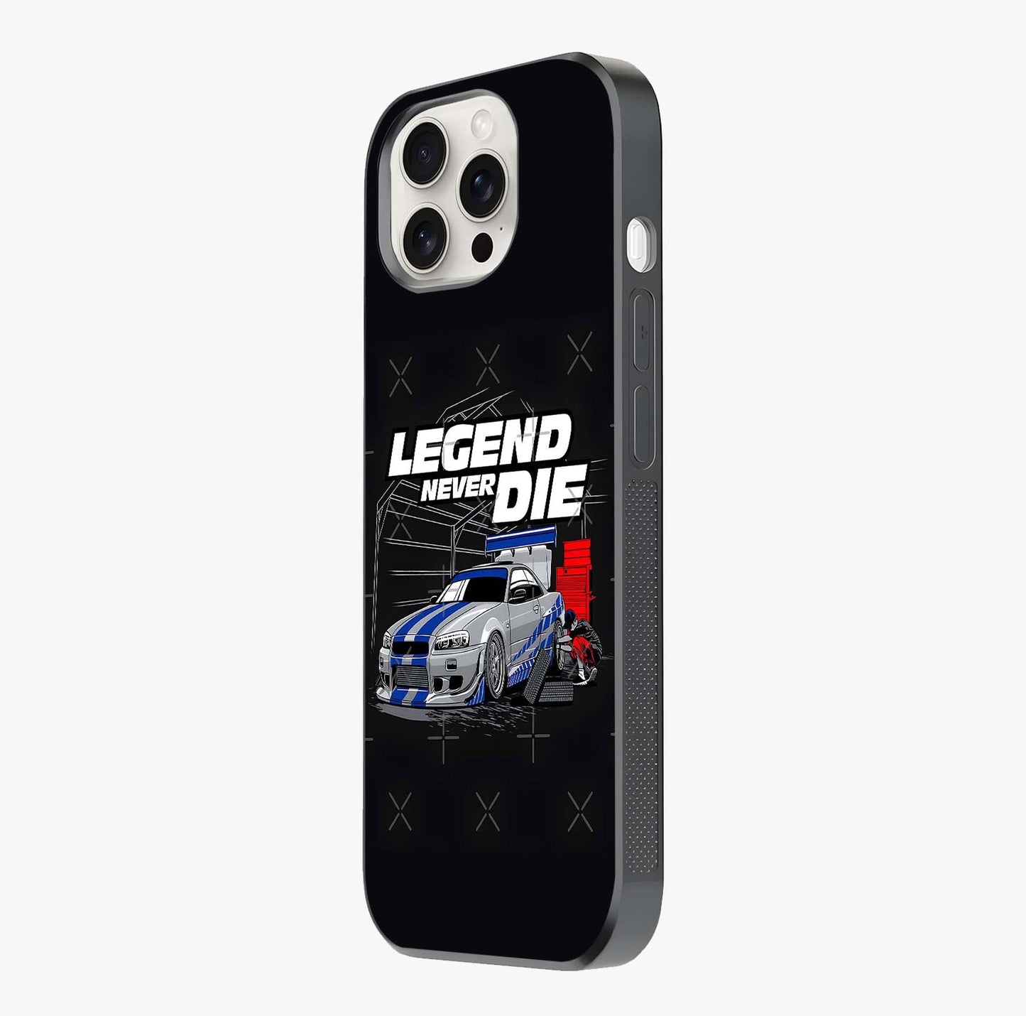Midnight Racing Legacy Glass Case photographed in natural light showing reflective finish and design depth.