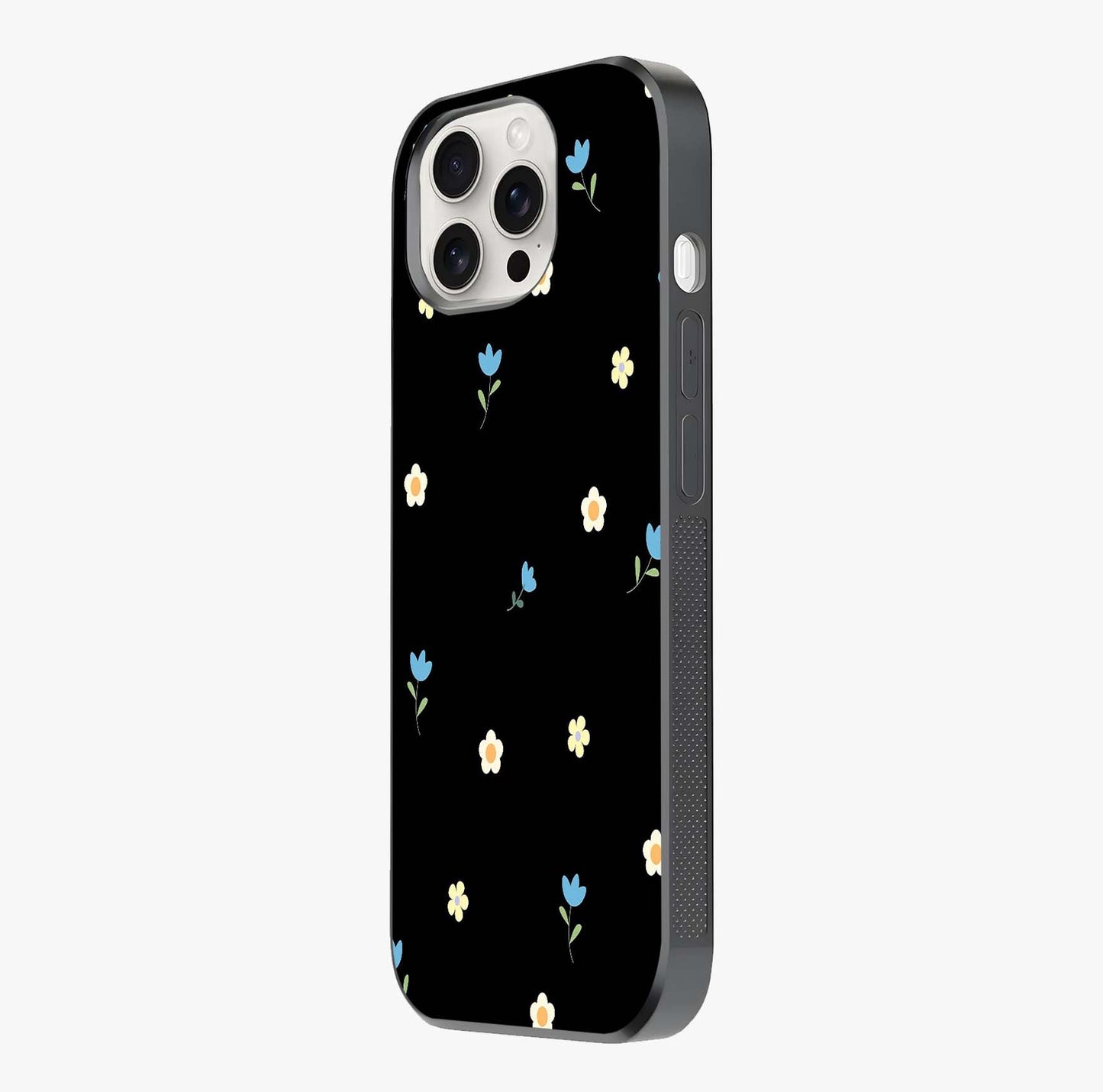 Minimalistic Blue With White Flower Pattern Glass Case photographed in natural light showing reflective finish and design depth.