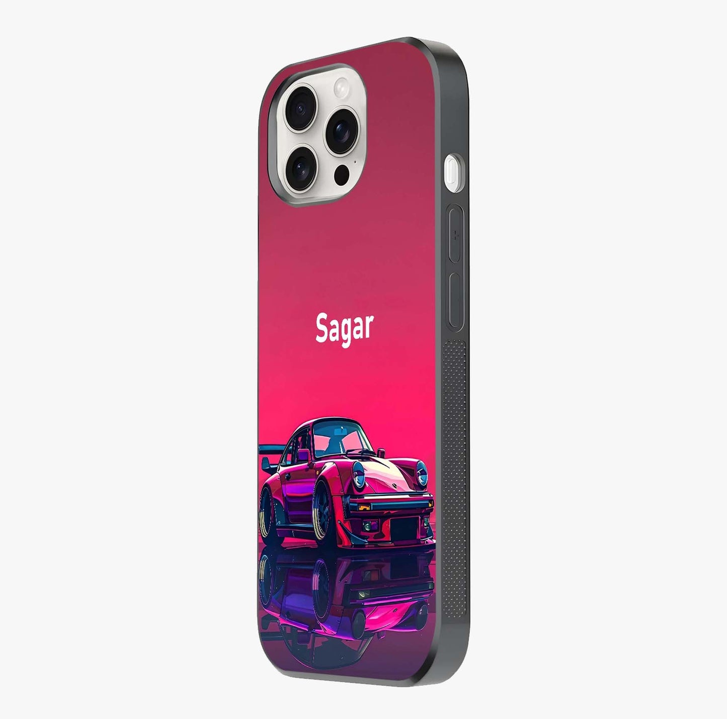 Neon Pink Porsche Glass Case photographed in natural light showing reflective finish and design depth.