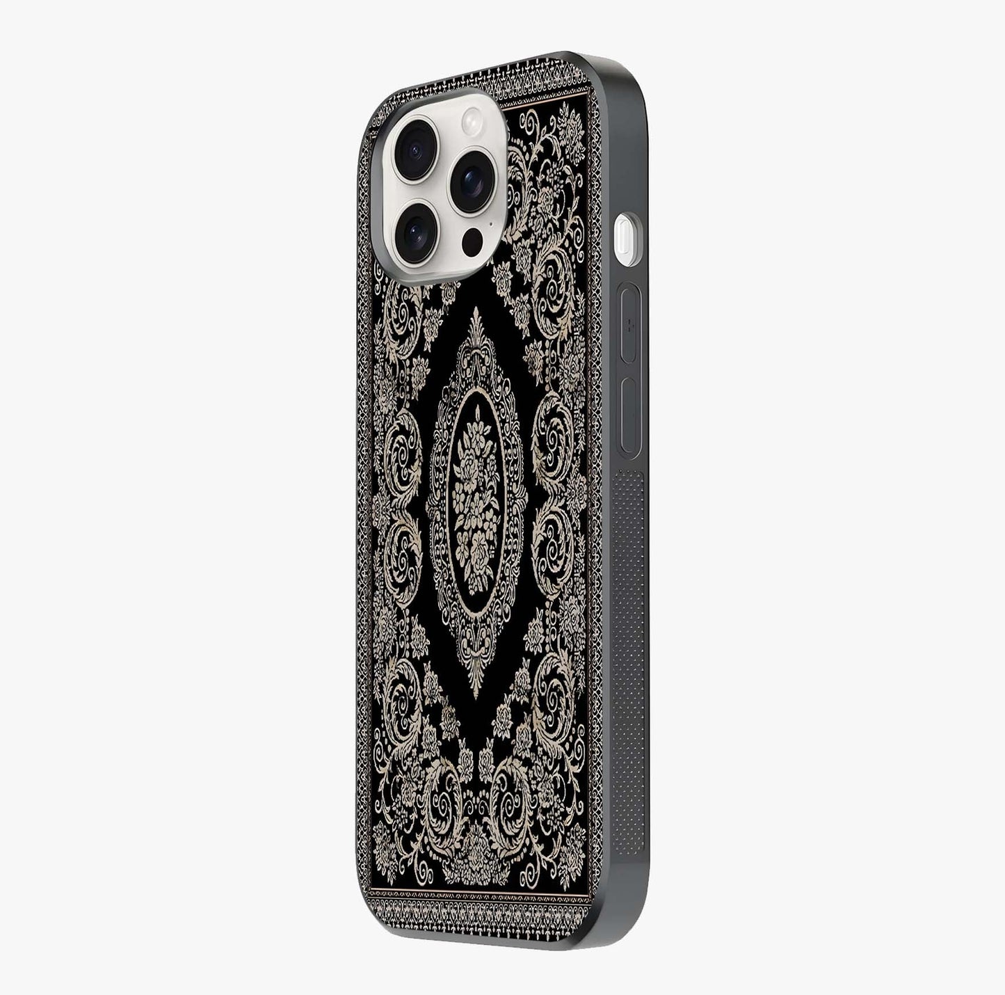 Noir Bloom Elegance Glass Case photographed in natural light showing reflective finish and design depth.
