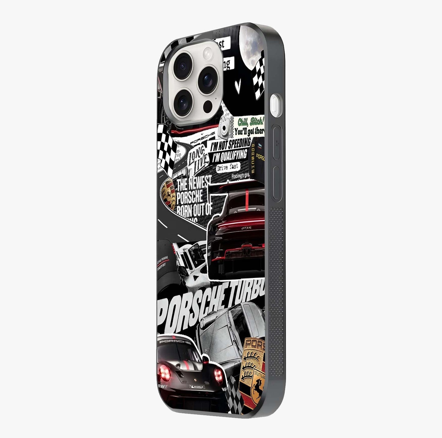 Porsche Racing Collage Glass Case photographed in natural light showing reflective finish and design depth.