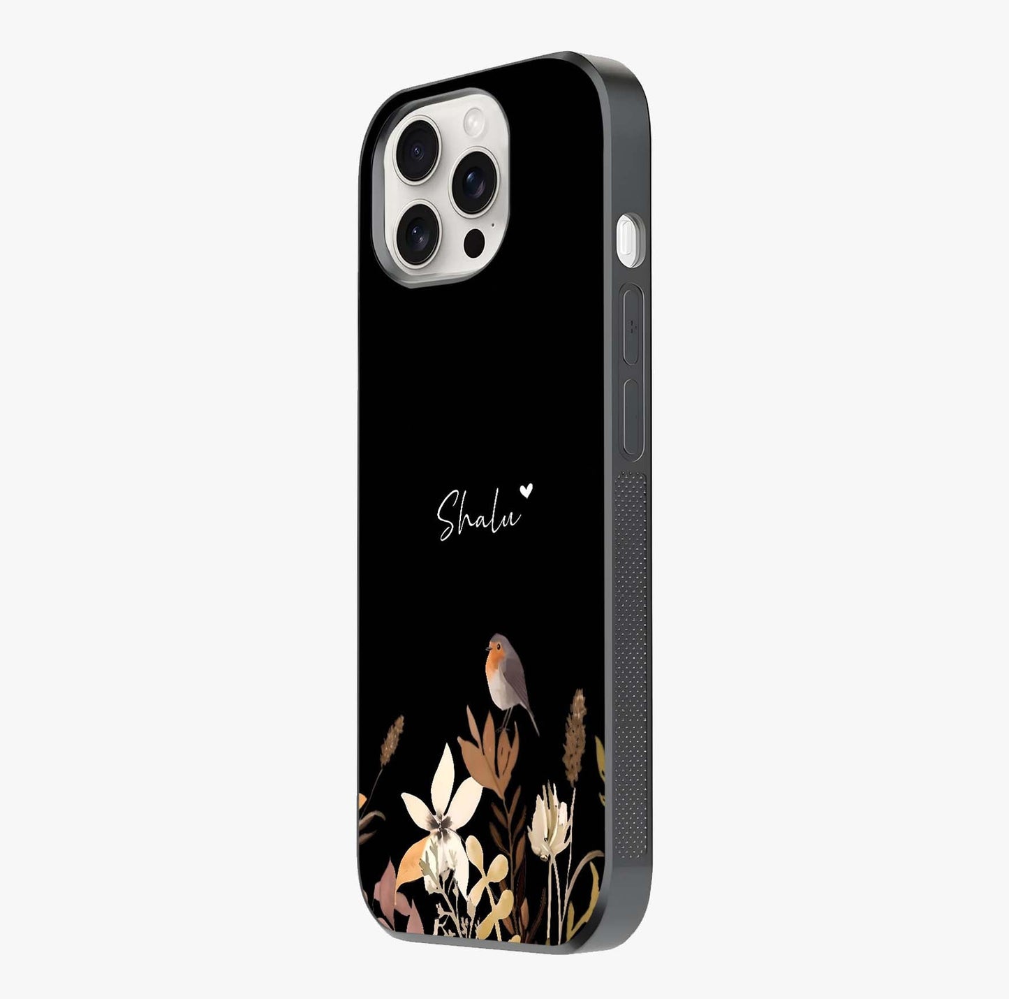 Quiet Garden Tune Custom Name Glass Case photographed in natural light showing reflective finish and design depth.
