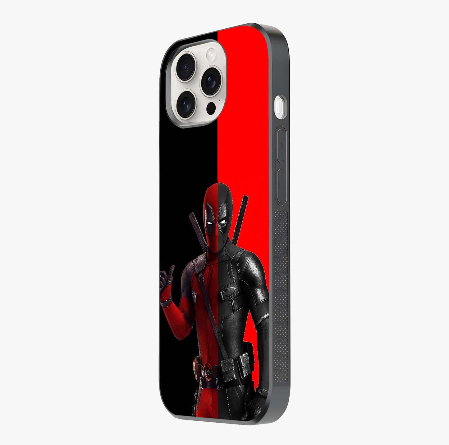 Red & Black Deadpool Theme Glass Case photographed in natural light showing reflective finish and design depth.