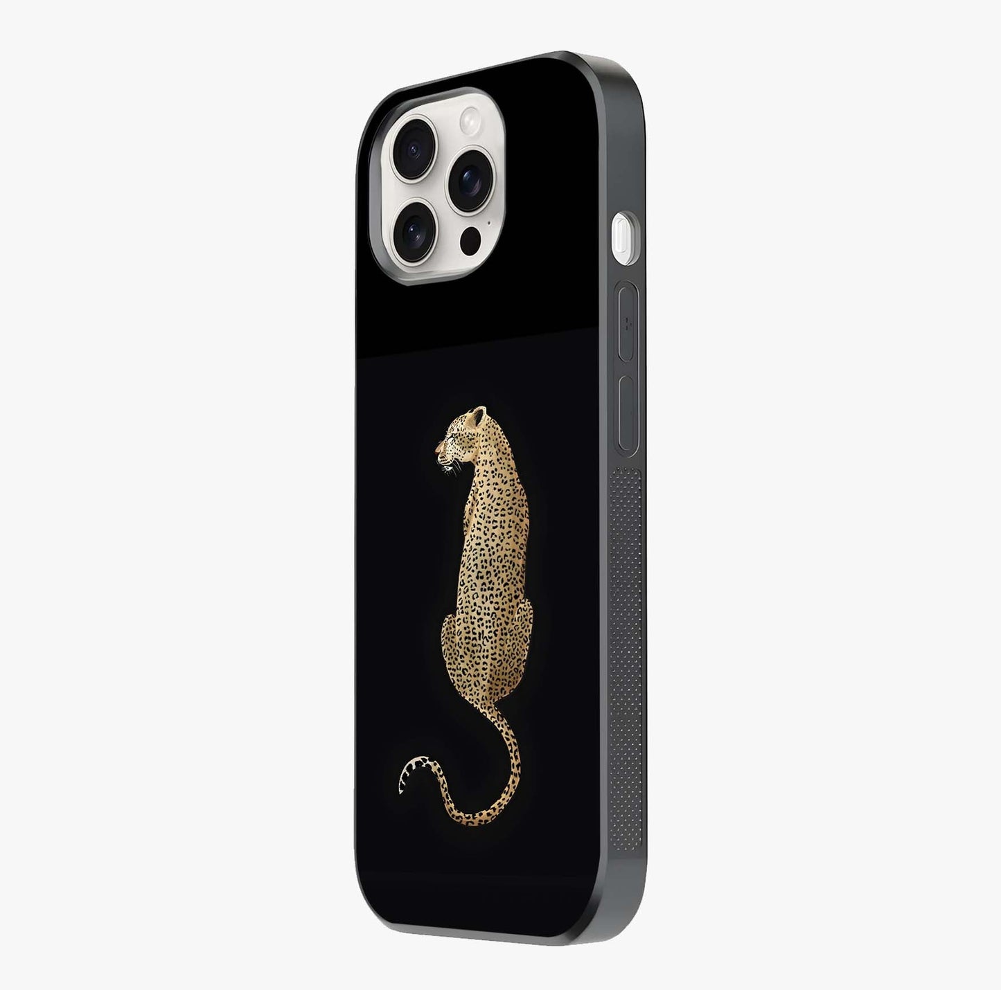 Regal Leopard Glass Case photographed in natural light showing reflective finish and design depth.