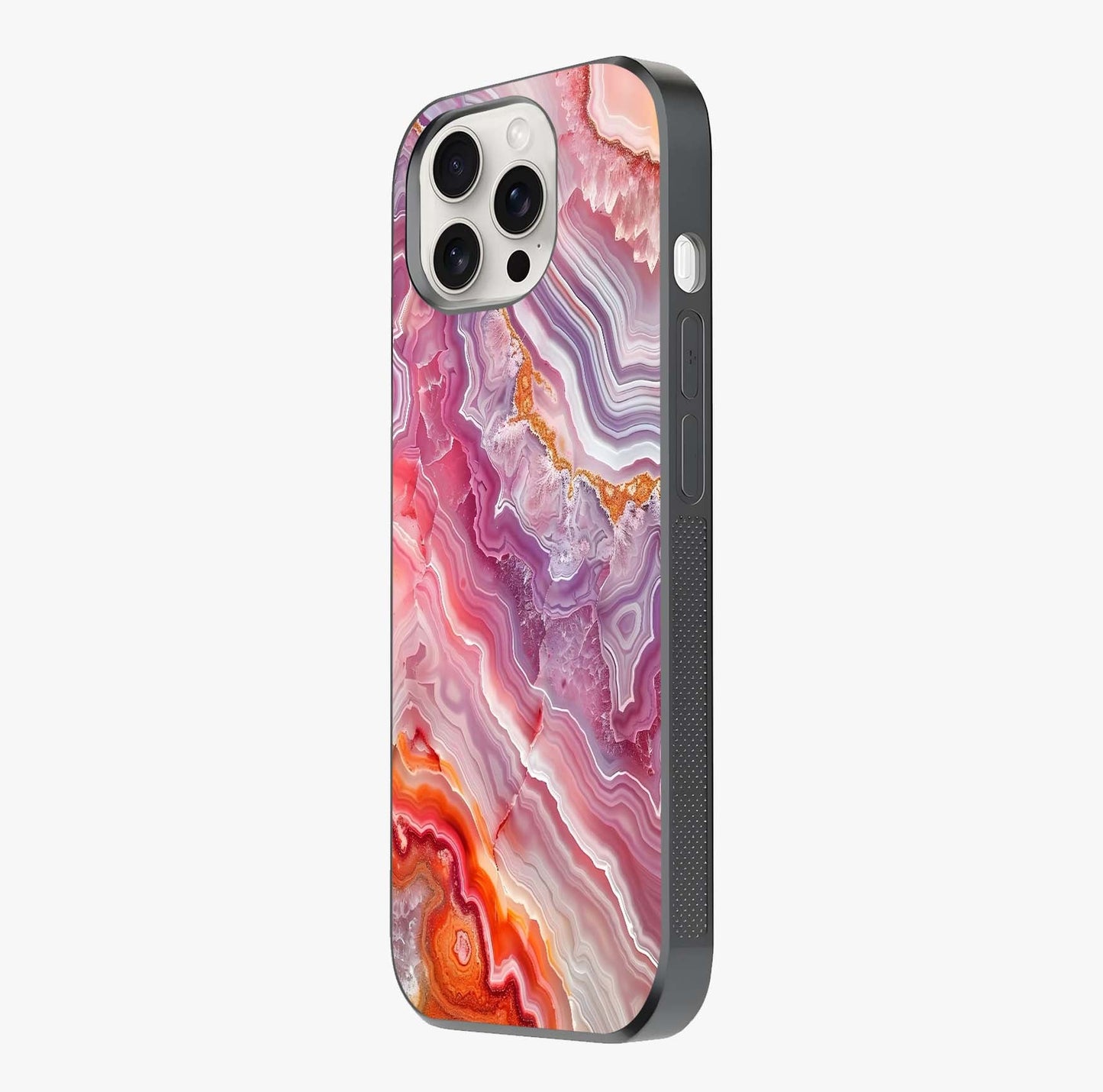 Rose Quartz Marble Glass Case photographed in natural light showing reflective finish and design depth.