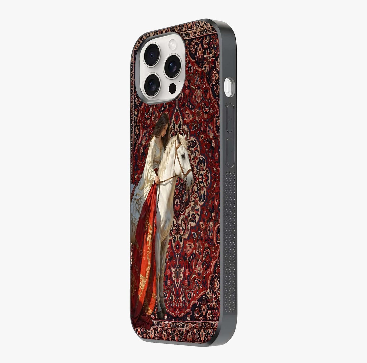Royal Rider Tapestry Glass Case photographed in natural light showing reflective finish and design depth.