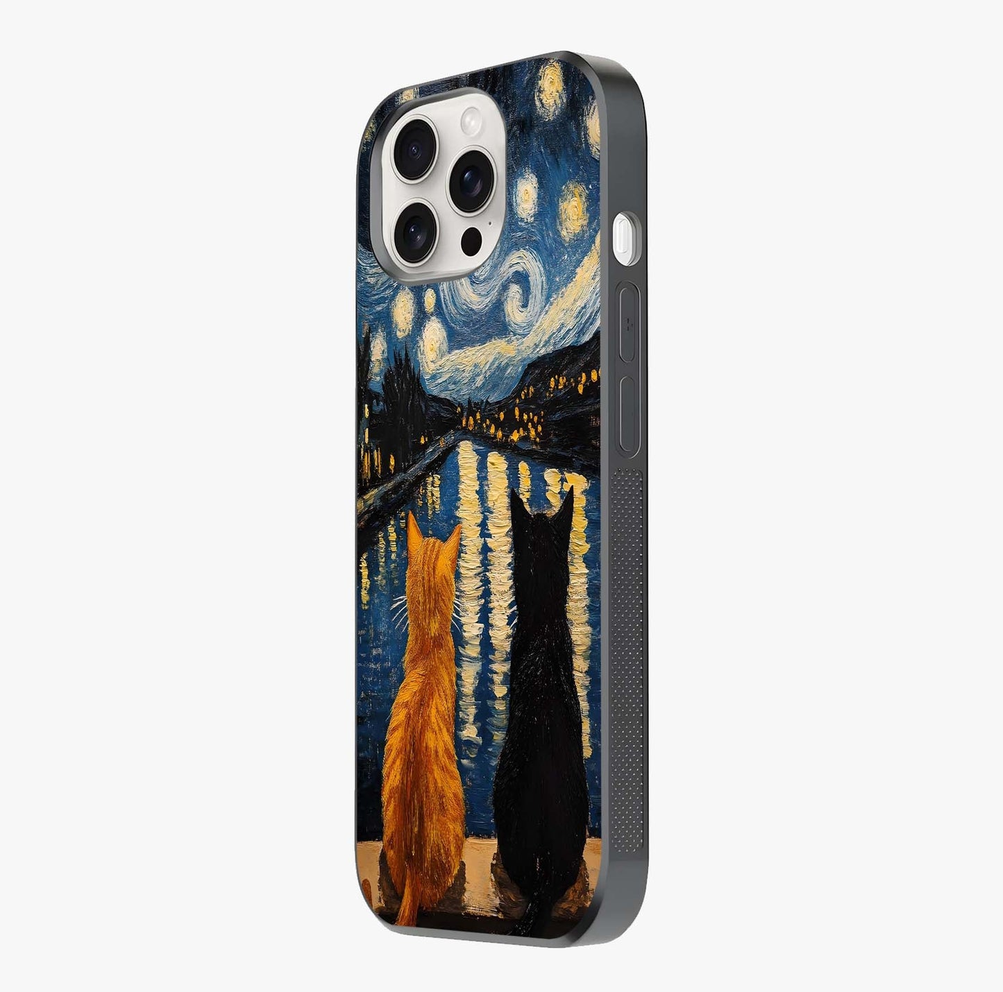 Starry River Cats Glass Case photographed in natural light showing reflective finish and design depth.