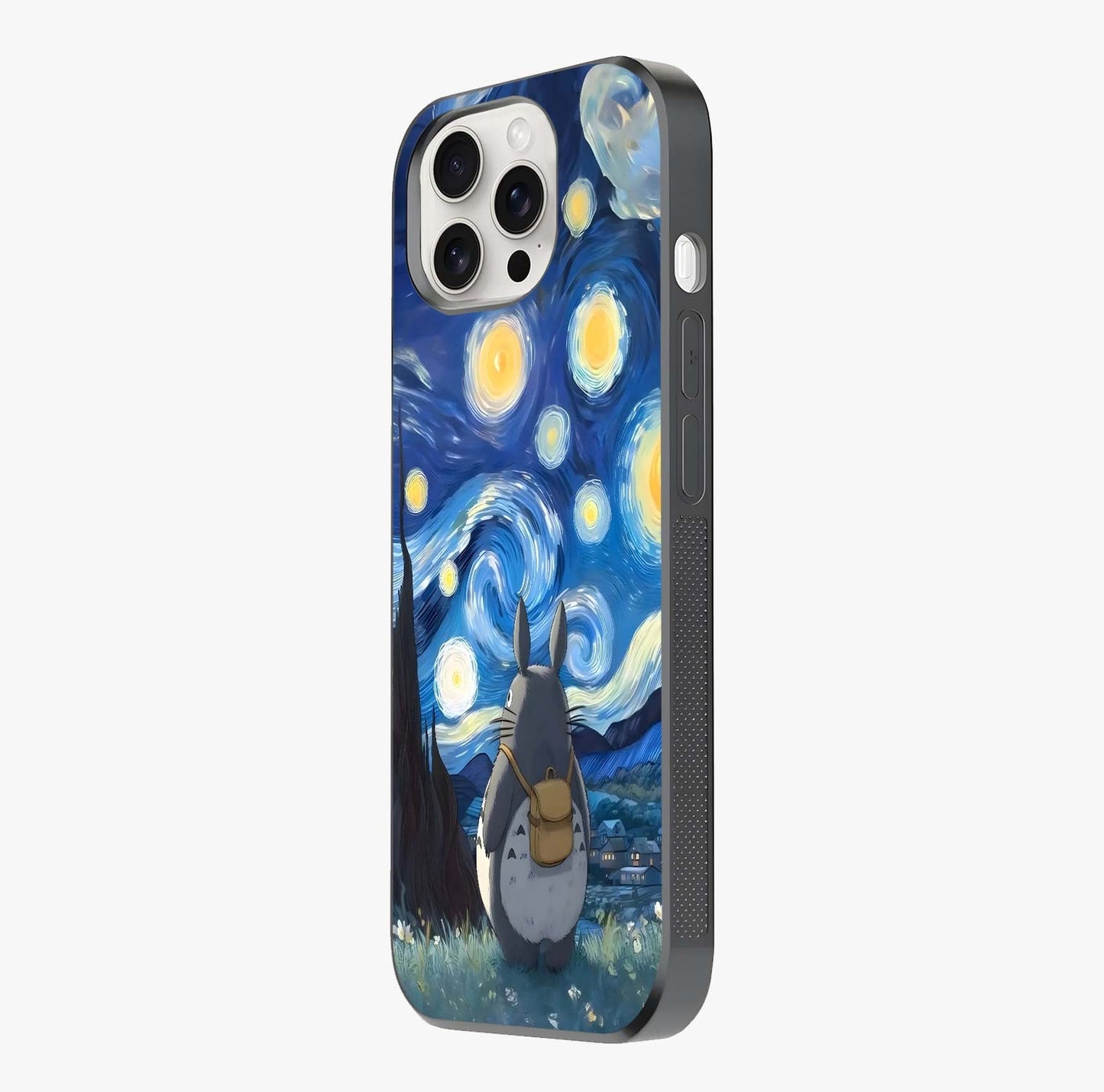 Totoro In Van Gogh Art Glass Case photographed in natural light showing reflective finish and design depth.