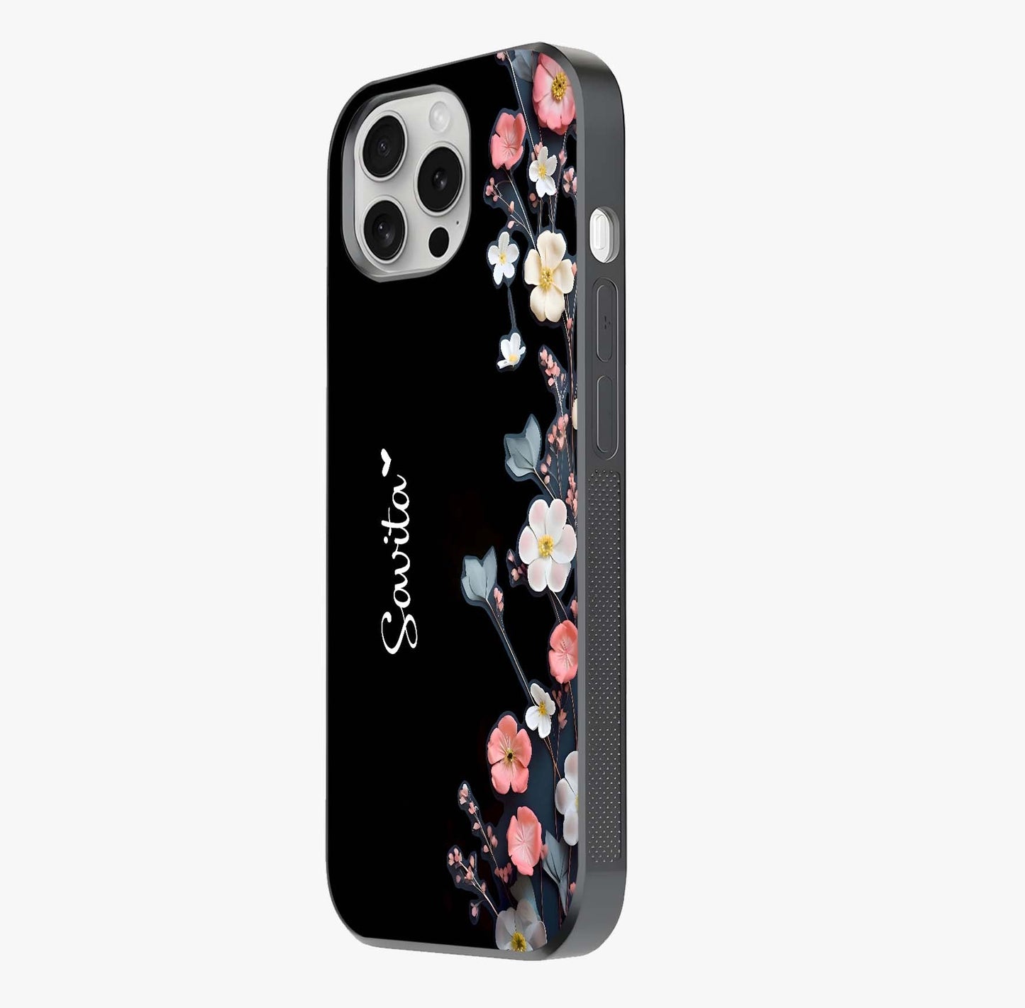 Black Elegance Floral Custom Name Glass Case photographed in natural light showing reflective finish and design depth.