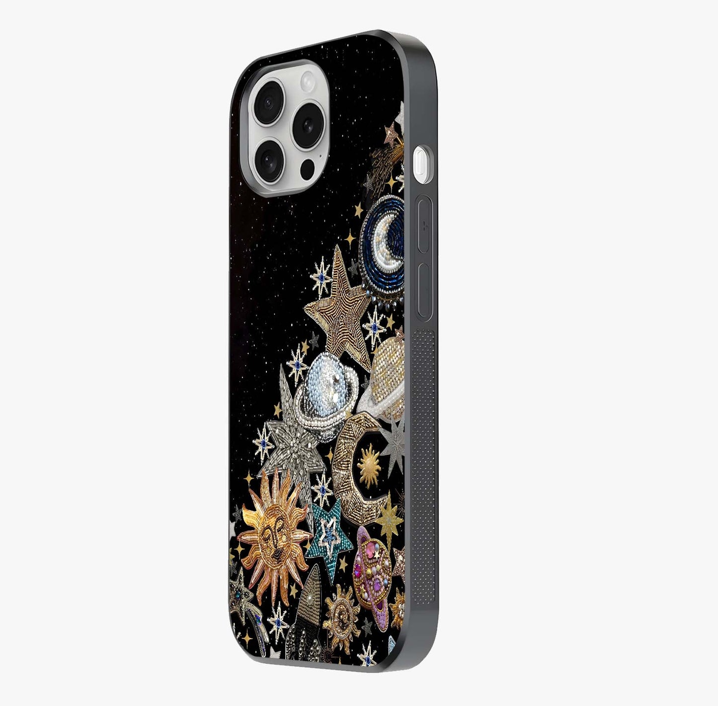 Cosmic Sparkle Dreams Glass Case photographed in natural light showing reflective finish and design depth.