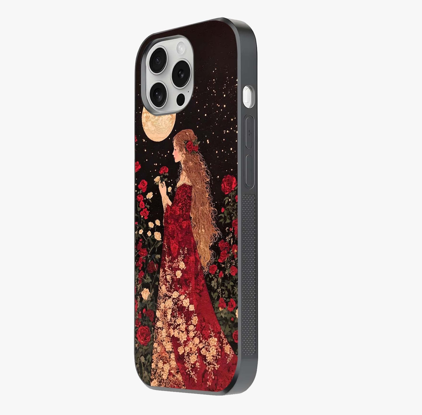 Crimson Dreams Glass Case photographed in natural light showing reflective finish and design depth.