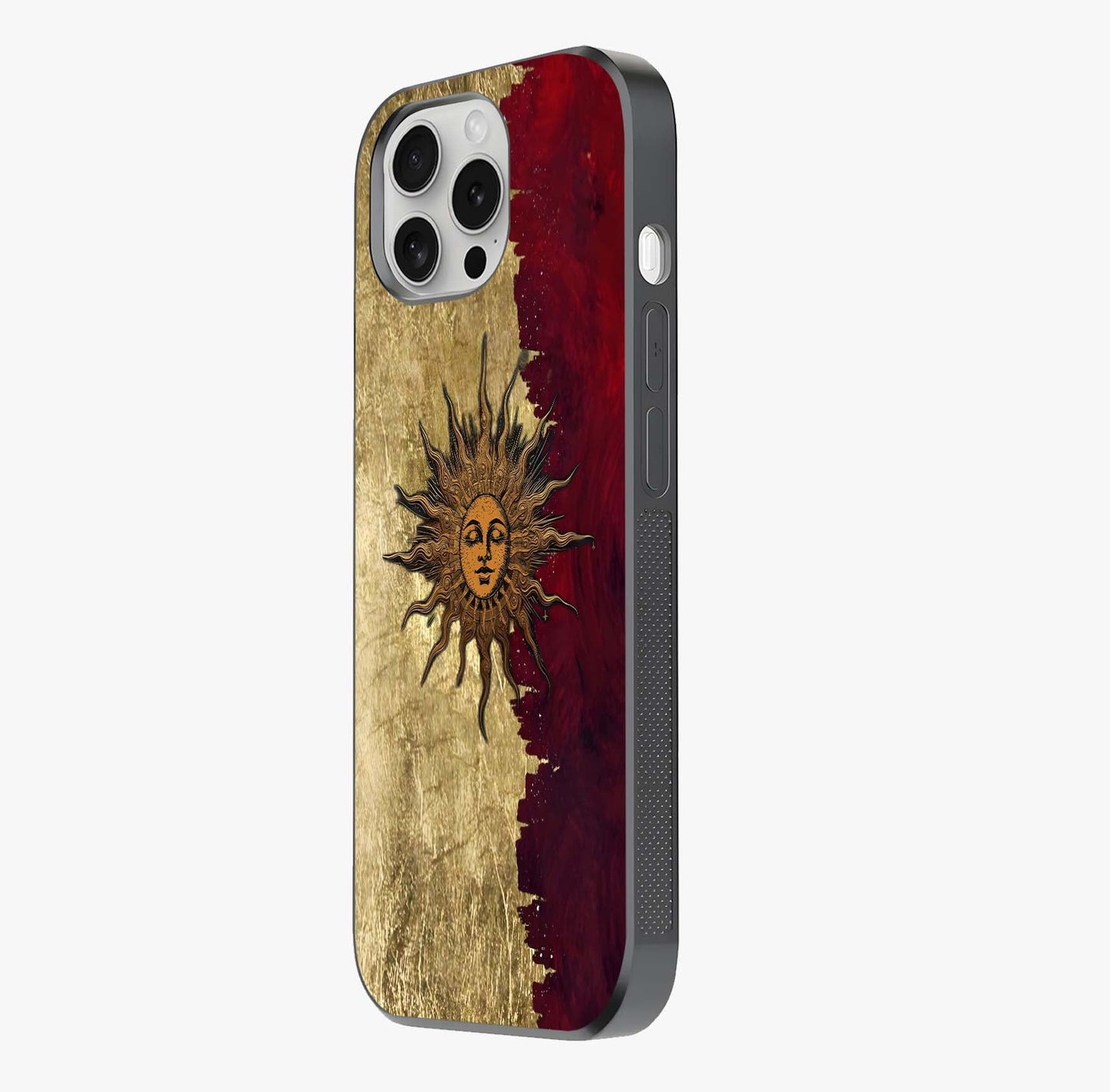 Crimson Sun Majesty Glass Case photographed in natural light showing reflective finish and design depth.