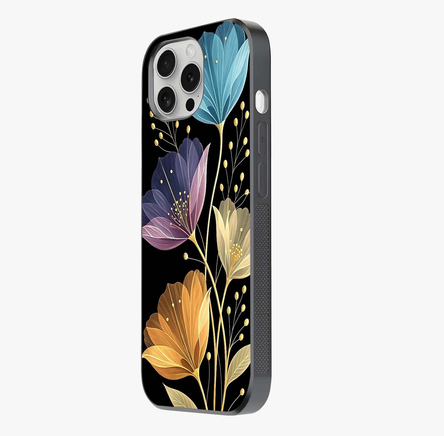 Delicate Multicolor Flowers Glass Case photographed in natural light showing reflective finish and design depth.