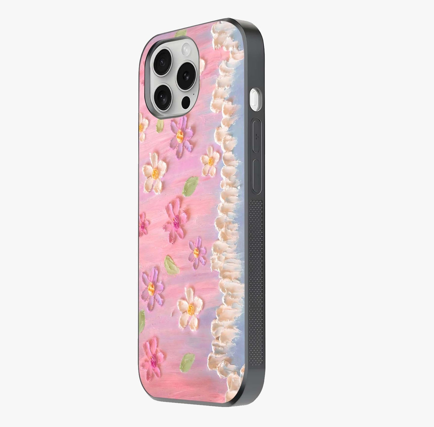 Dreamy Painted Garden Glass Case photographed in natural light showing reflective finish and design depth.
