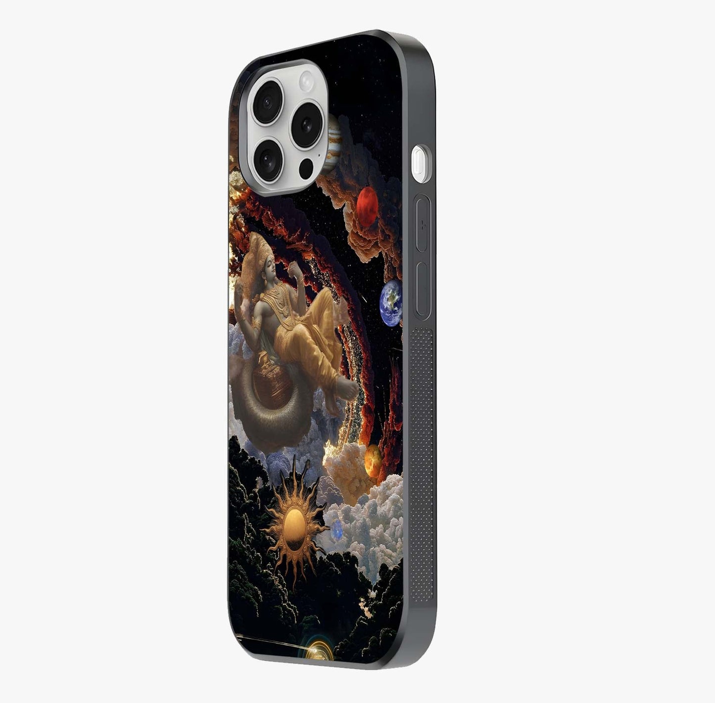 Galactic Divine God Glass Case photographed in natural light showing reflective finish and design depth.