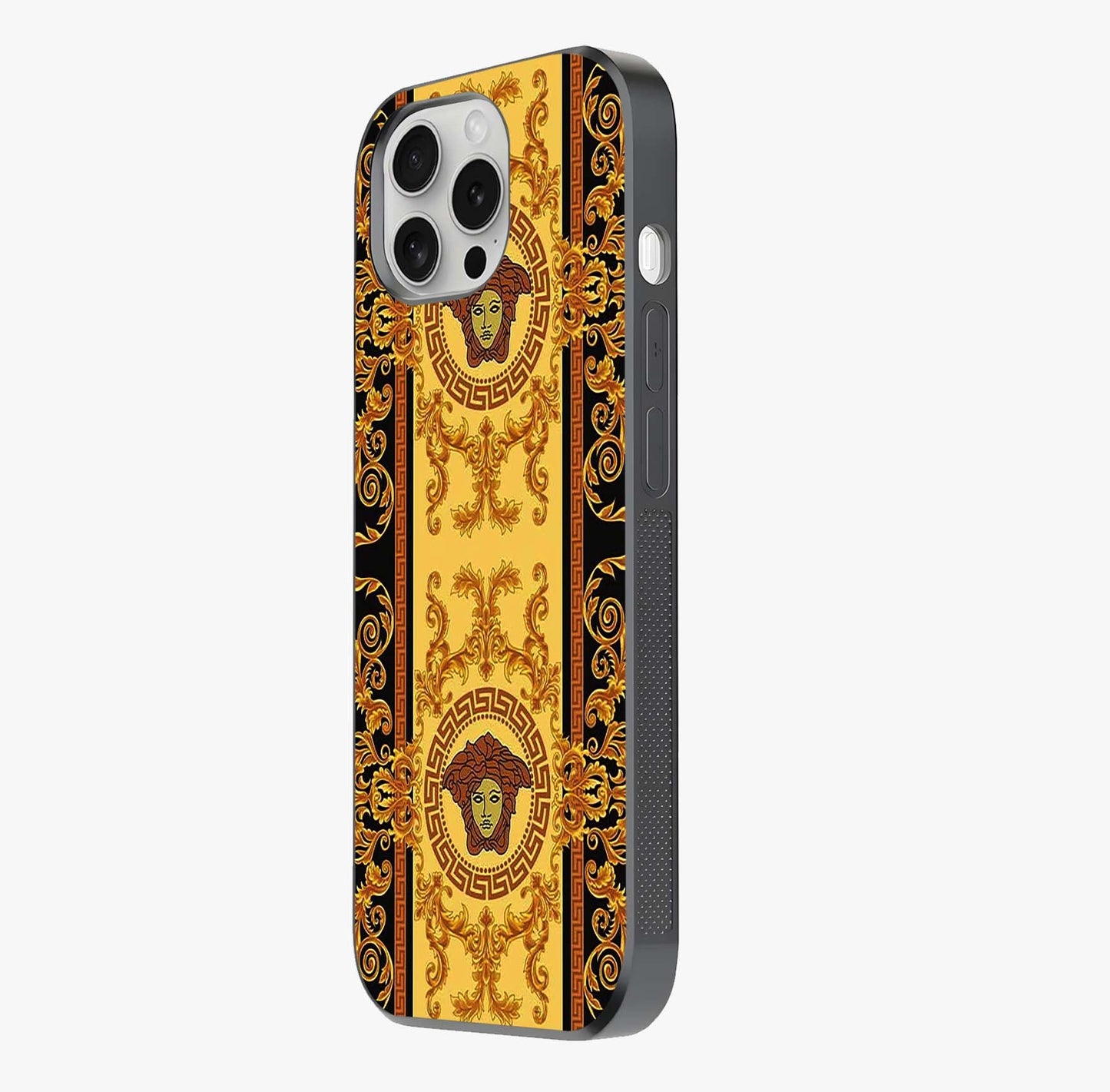 Golden Royal Heritage Glass Case photographed in natural light showing reflective finish and design depth.